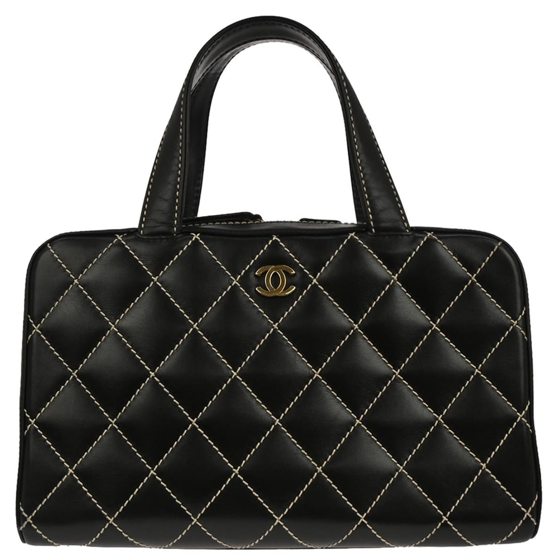 Chanel Wild Stitch Medium Black Calfskin Leather Top Handle Bag: Chanel Wild Stitch Medium Black Calfskin Leather Top Handle Bag This Chanel Wild Stitch handbag features black calfskin leather with a quilted pattern and top handle design. It is equipped with a zip