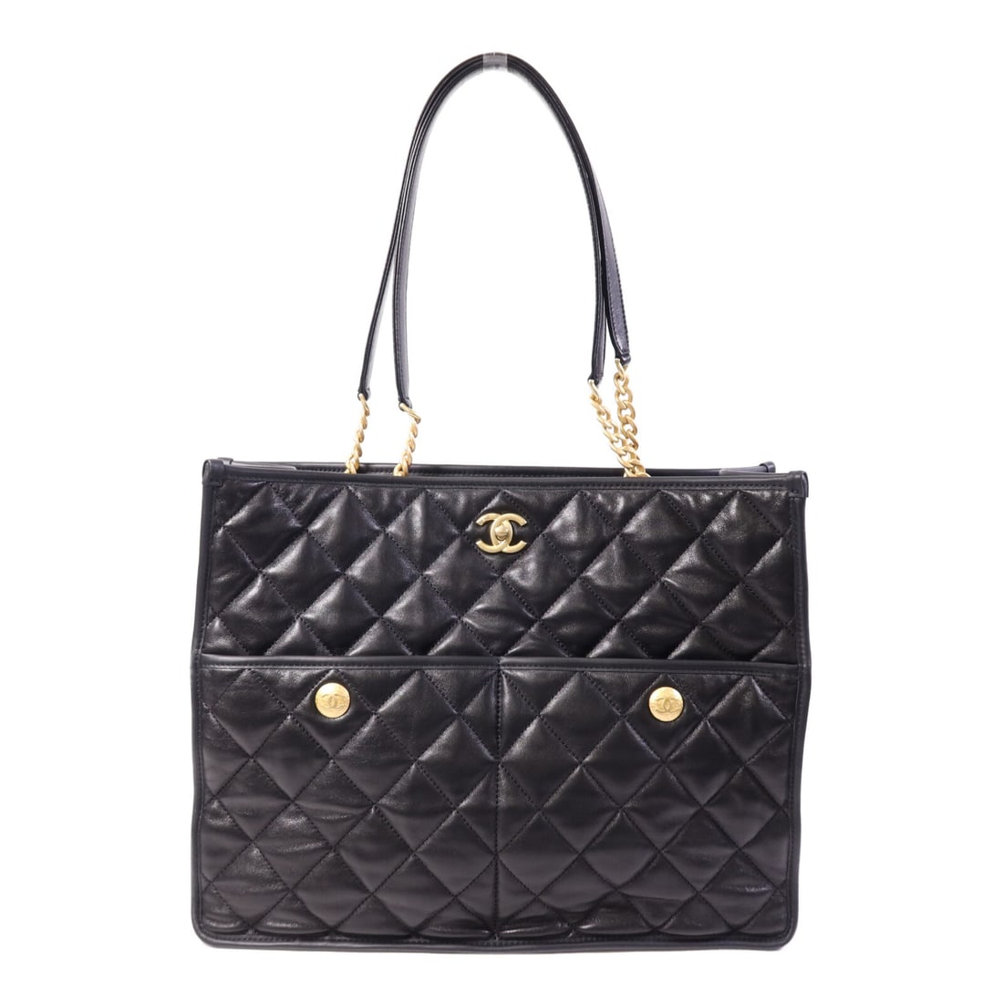 Chanel Black Lambskin AS3596 Tote with CC Logo and Gold Hardware: Chanel Black Lambskin AS3596 Tote with CC Logo and Gold Hardware This CHANEL tote bag is crafted from luxurious black lambskin leather and features the iconic CC design. The bag is equipped with gold