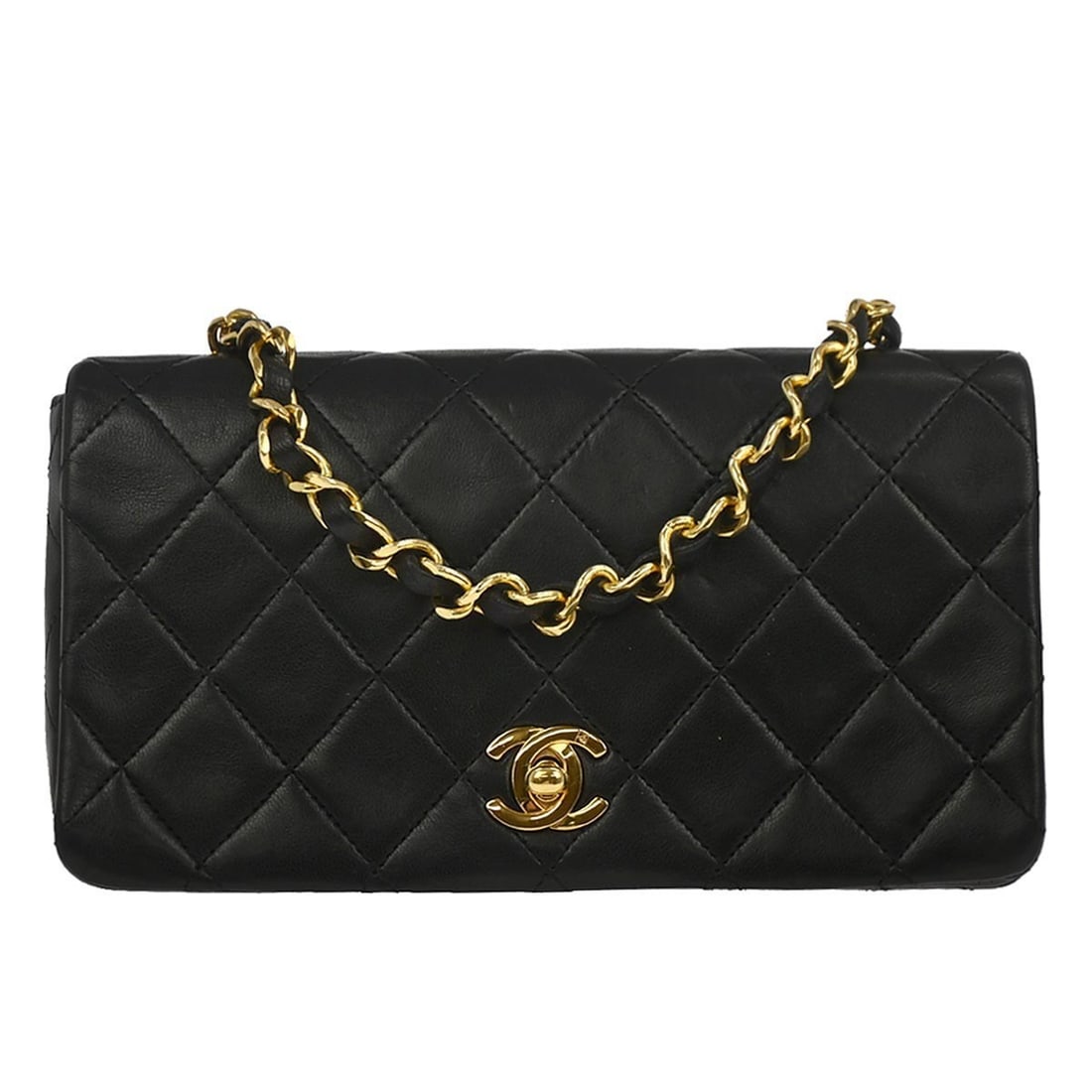 Single Chain Mini Shoulder Bag in Black Quilted Lambskin with Turnlock Flap: Single Chain Mini Shoulder Bag in Black Quilted Lambskin with Turnlock Flap This Chanel Mini Full Flap Shoulder Bag features a black lambskin leather exterior with signature matelasse quilting. The ba