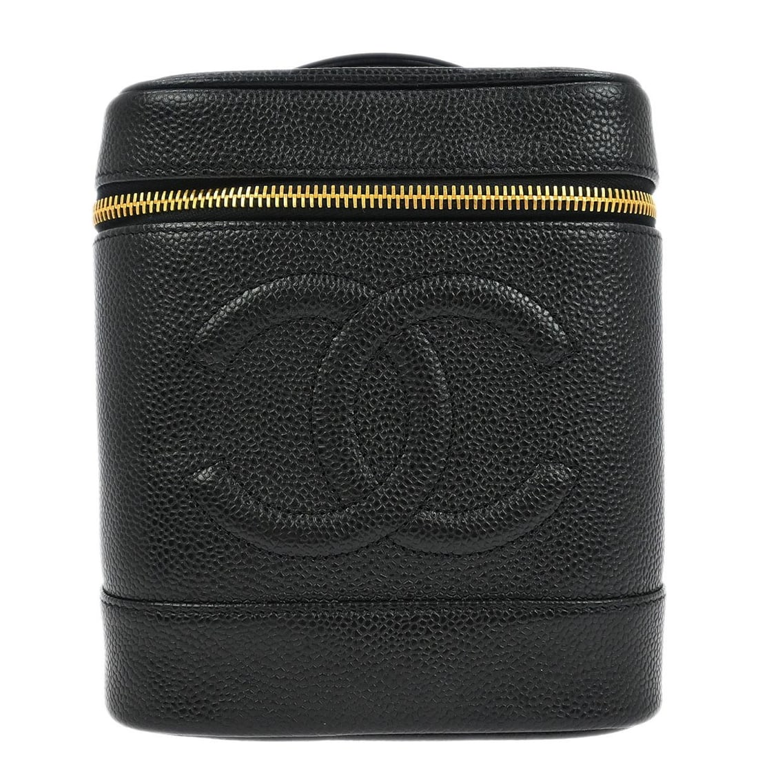 Chanel Caviar Leather Vanity CC Cosmetic Bag with Top Handle Black: Chanel Caviar Leather Vanity CC Cosmetic Bag with Top Handle Black This Chanel Timeless Vanity handbag is crafted from black caviar skin leather with a top handle design. It features a zipper closure,