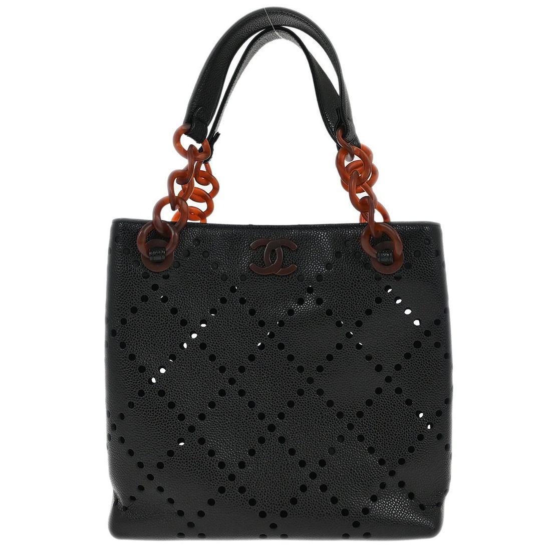 Black Caviar Leather Medium Tote by Chanel with Logo Accents: Black Caviar Leather Medium Tote by Chanel with Logo Accents This Chanel tote handbag is crafted from black caviar skin leather and features a magnetic closure, double handles, and a leather-lined int