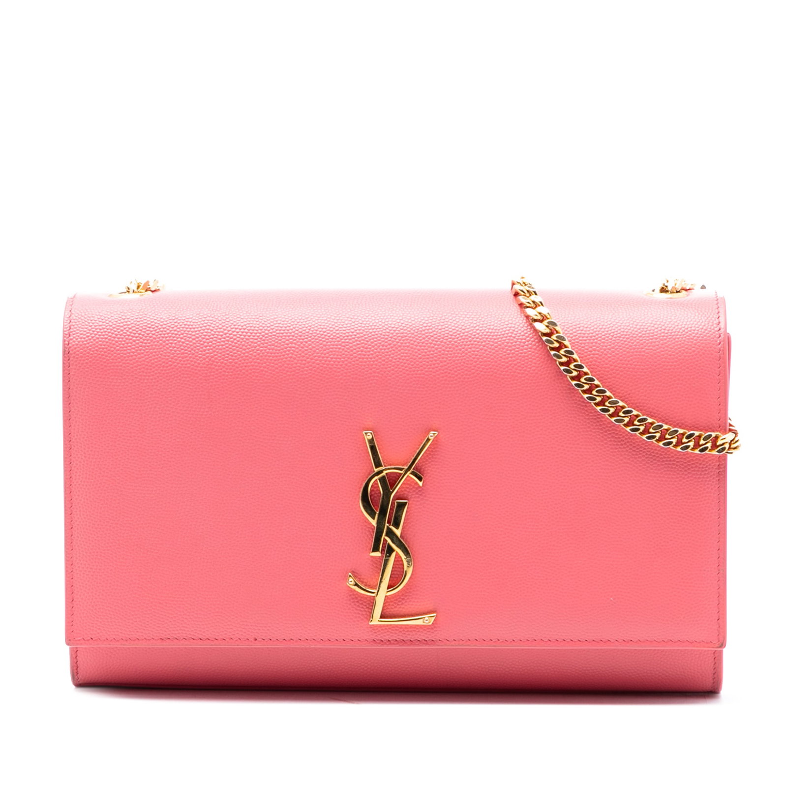 Pink Leather Kate Crossbody Bag by Saint Laurent Medium Monogram Model: Pink Leather Kate Crossbody Bag by Saint Laurent Medium Monogram Model This Saint Laurent Medium Grain De Poudre Monogram Kate Crossbody bag is crafted from pink leather and features a gold-tone chain