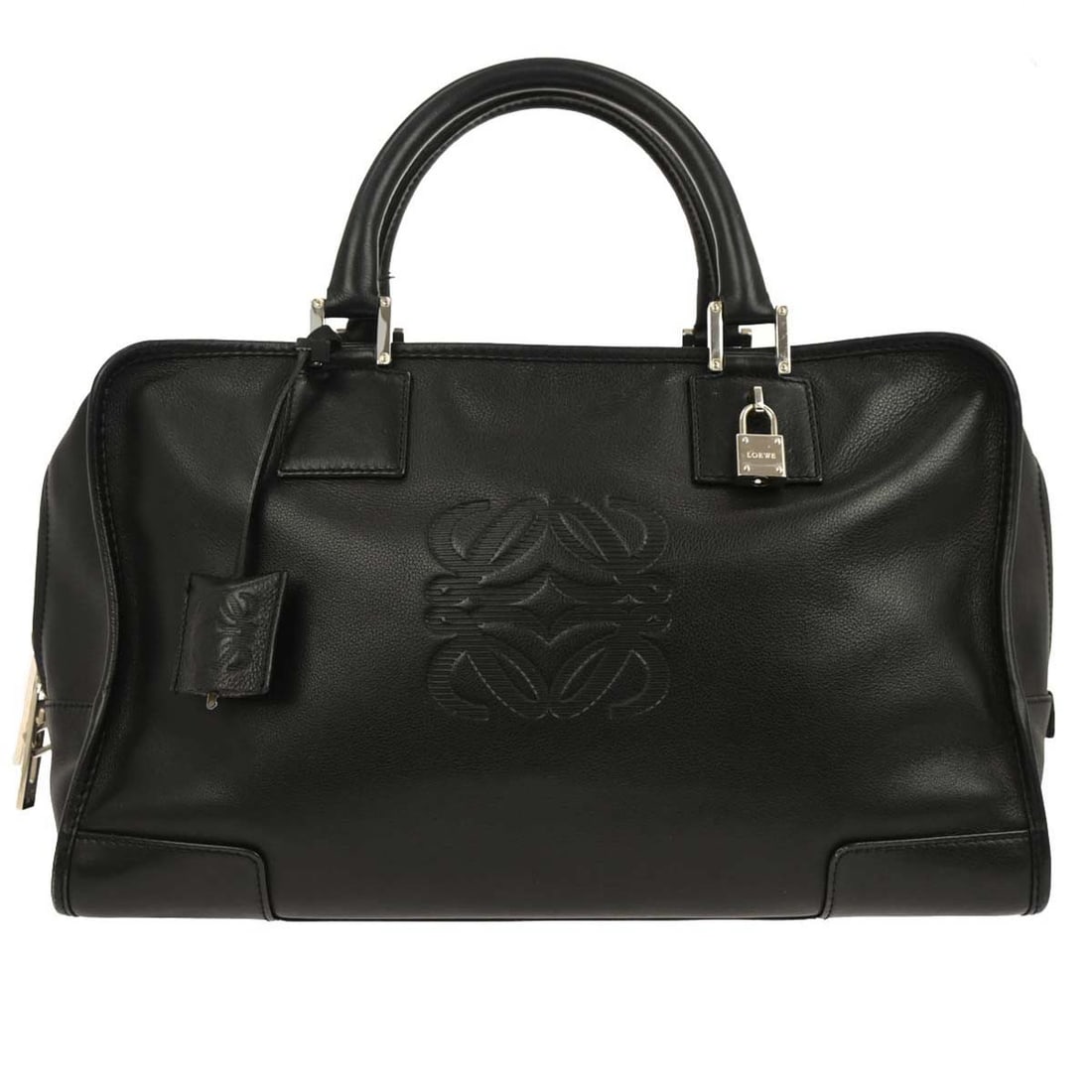 Amazona 36 Large Black Leather Top Handle Bag by Loewe: Amazona 36 Large Black Leather Top Handle Bag by Loewe This Loewe Amazona 36 handbag features a classic top handle design crafted from black leather. The bag is equipped with double leather handles, a