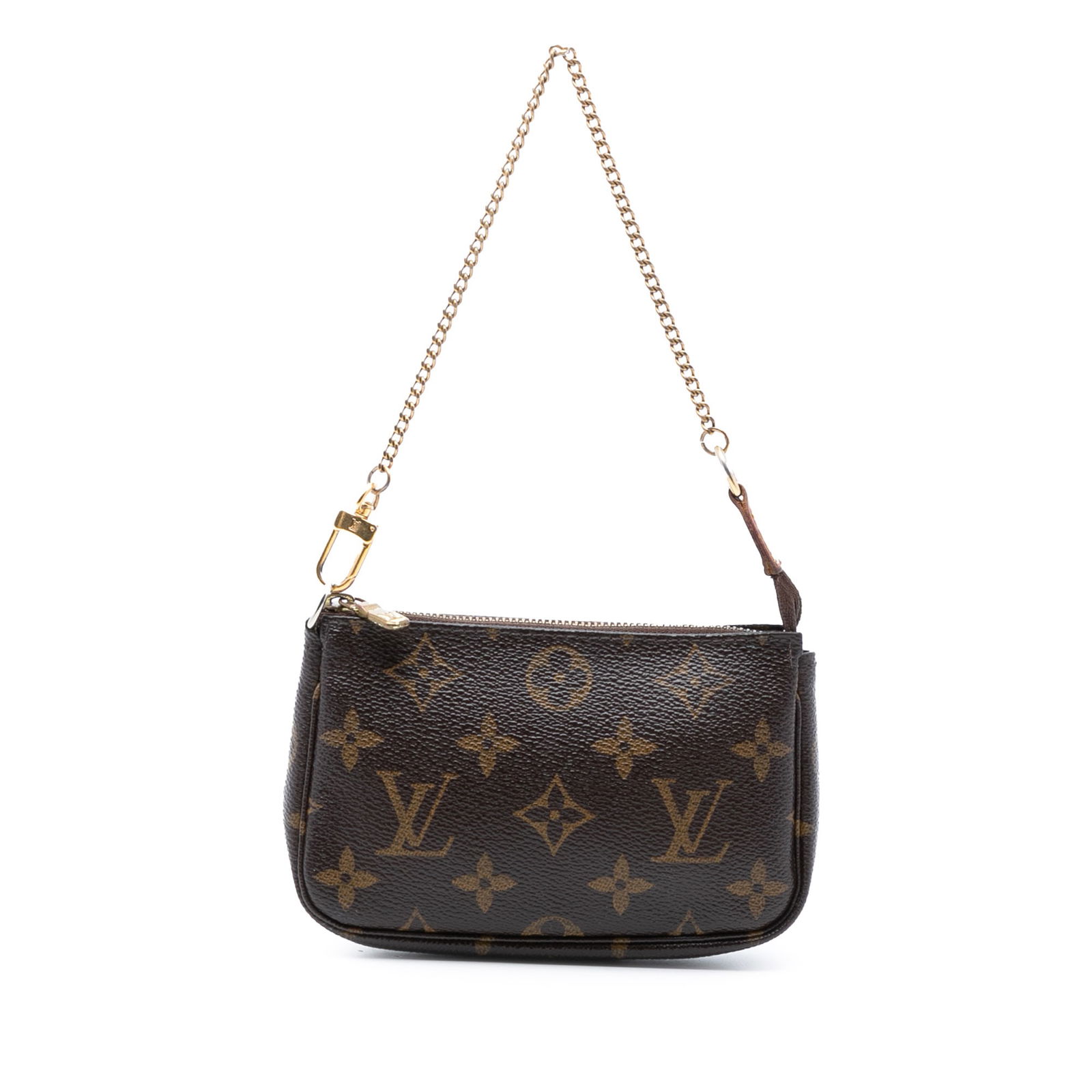 Louis Vuitton Monogram Canvas Mini Pochette with Chain Handle: Louis Vuitton Monogram Canvas Mini Pochette with Chain Handle This Louis Vuitton Mini Pochette Accessoires features the signature monogram canvas body, a chain link handle, and a top zip closure. The