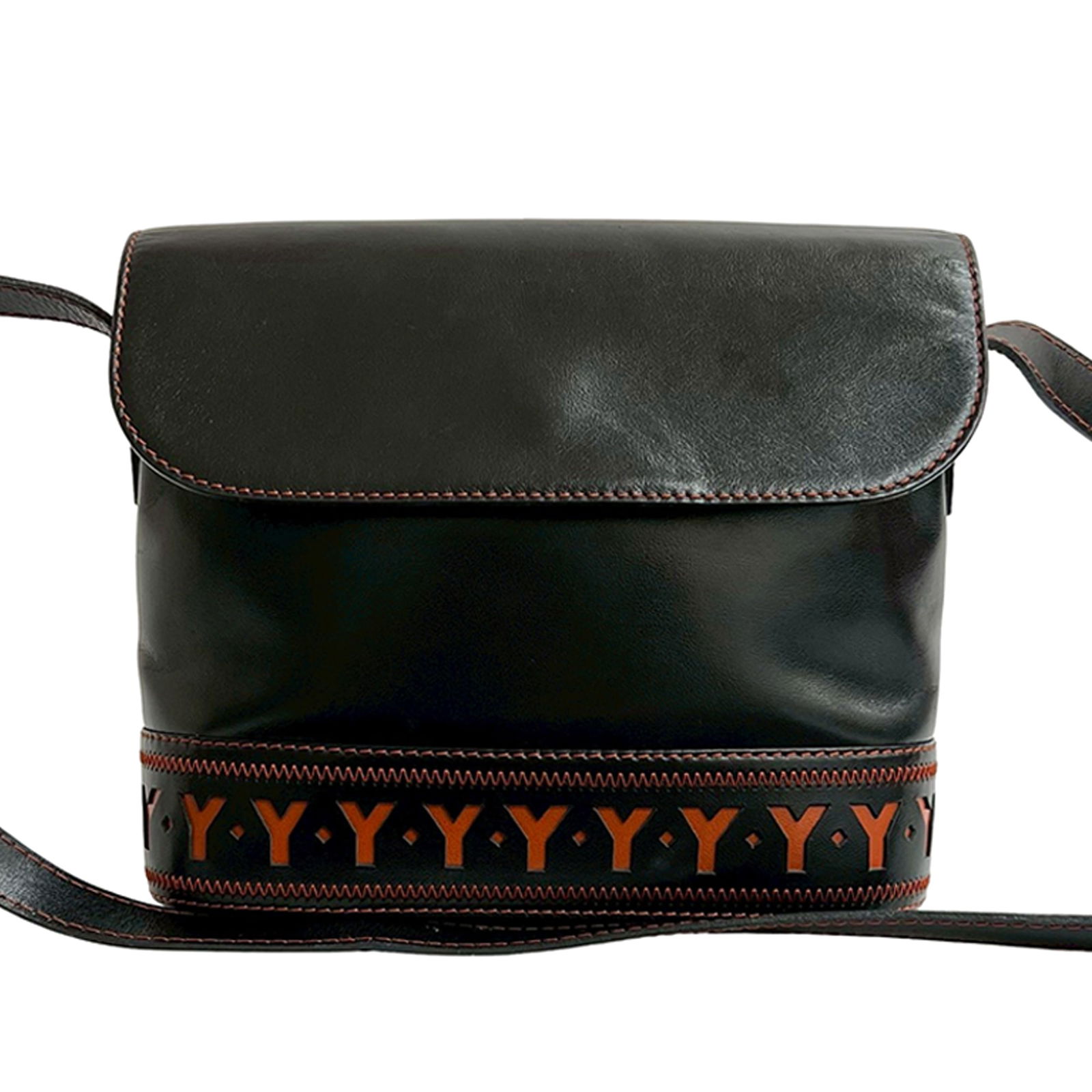 Black Leather Crossbody Bag by Saint Laurent with Cutout Detailing: Black Leather Crossbody Bag by Saint Laurent with Cutout Detailing This Saint Laurent crossbody bag showcases a black leather body with a front flap featuring a snap closure and a flat leather shoulde