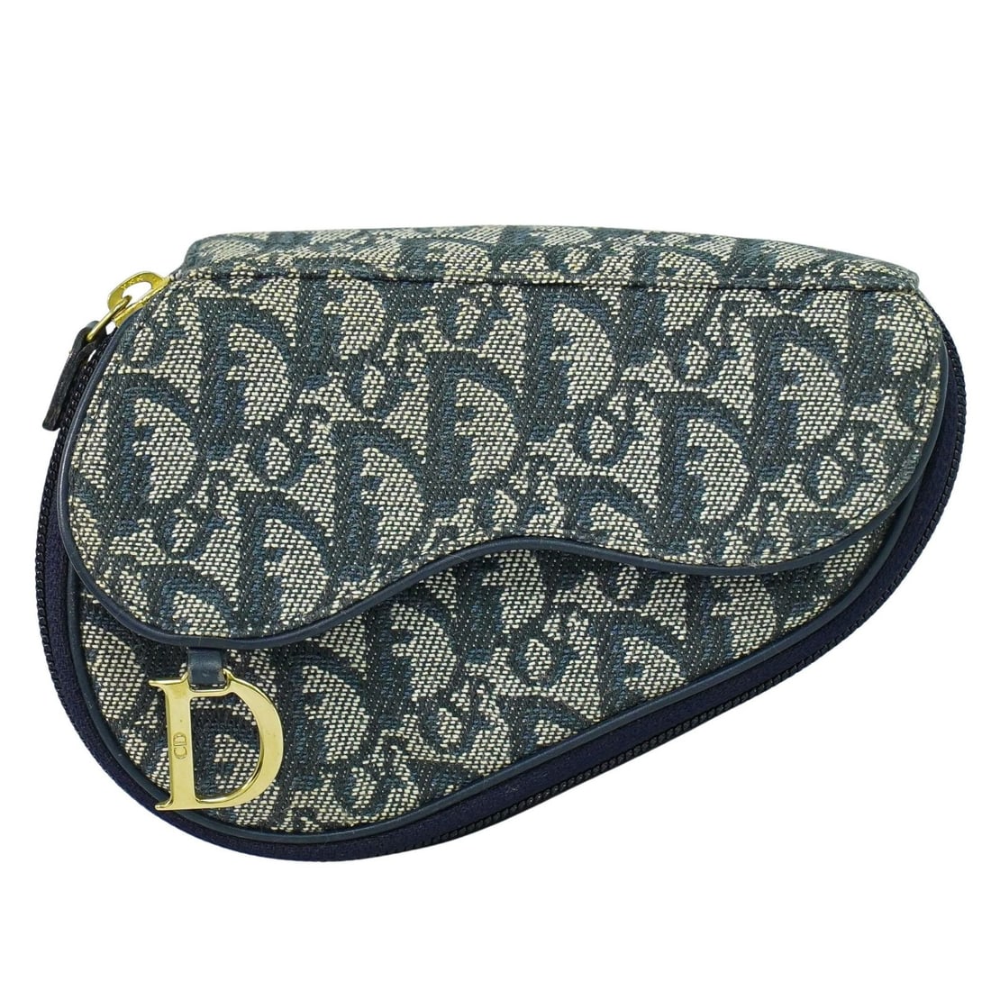 Navy Canvas Zip Pouch by Christian Dior Saddle Model: Navy Canvas Zip Pouch by Christian Dior Saddle Model Christian Dior Saddle Zip Pouch crafted from Diorissimo canvas in navy color, designed for women. This pouch features a compact size suitable for e