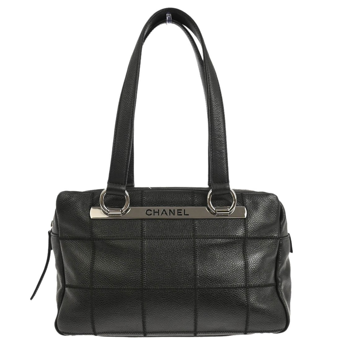 Black Calfskin Choco Bar Top Handle Bag by Chanel: Black Calfskin Choco Bar Top Handle Bag by Chanel This Chanel Choco Bar handbag is crafted from black calfskin leather and features a medium-sized top handle design with double handles and a zip closu