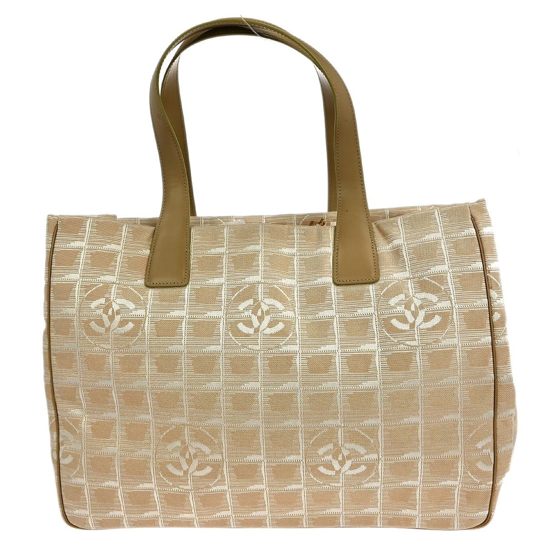Chanel Travel Line Beige Jacquard Nylon Medium Tote Bag: Chanel Travel Line Beige Jacquard Nylon Medium Tote Bag This Chanel Travel Line tote handbag features a beige jacquard nylon exterior with leather accents. Designed for casual use, it offers a medium