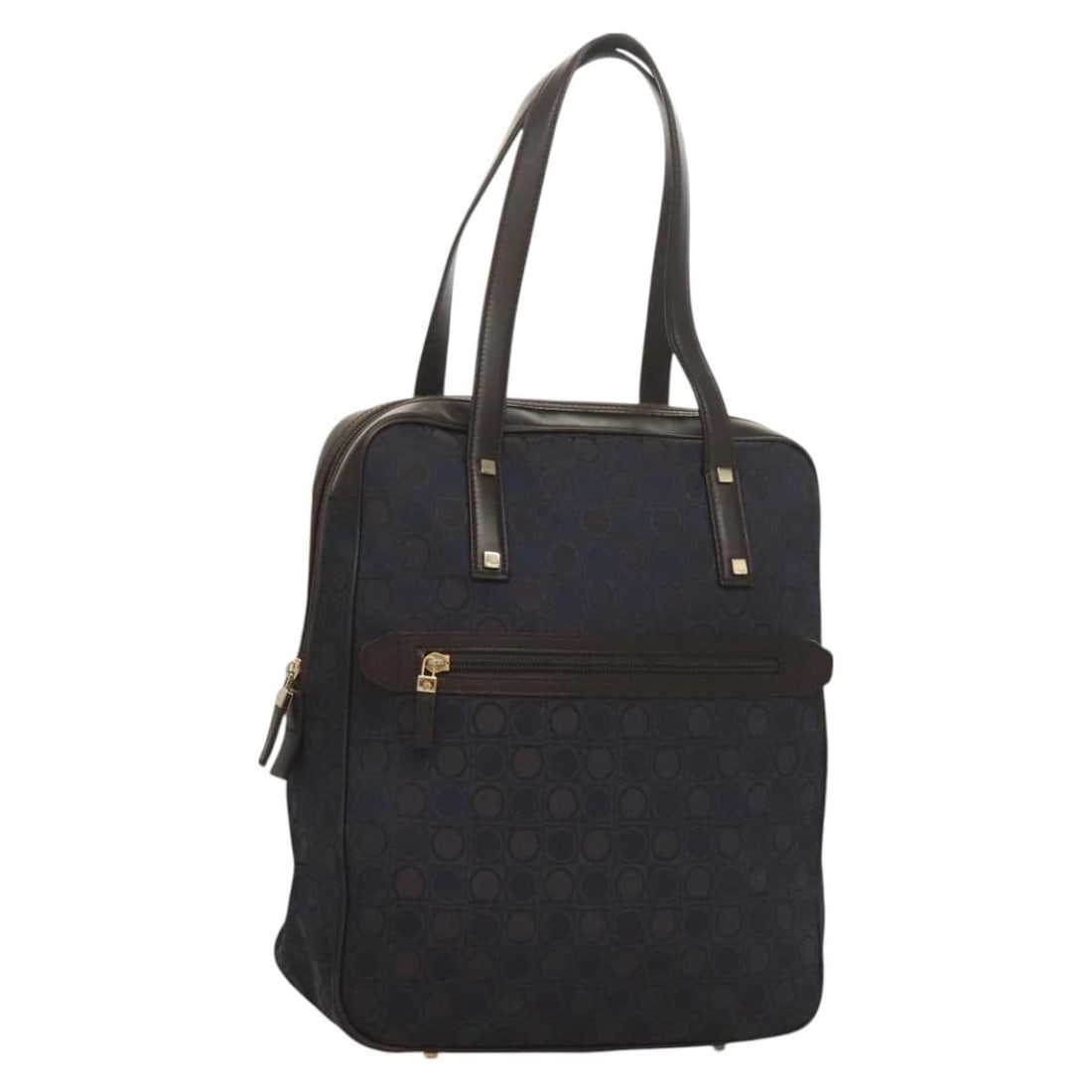 Salvatore Ferragamo Gancini Hand Bag Canvas Navy Gold Made in Italy: Salvatore Ferragamo Gancini Hand Bag Canvas Navy Gold Made in Italy This stylish Salvatore Ferragamo Gancini Hand Bag is a luxurious accessory crafted from high-quality canvas in a striking navy and