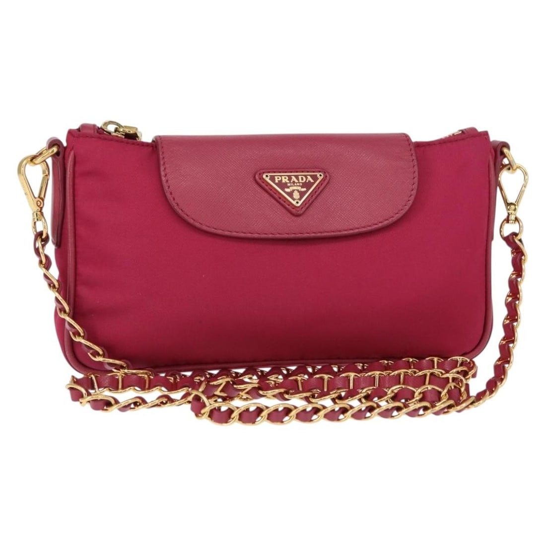 PRADA Pink Gold Chain Shoulder Bag Nylon Authentic Italy: PRADA Pink Gold Chain Shoulder Bag Nylon Authentic Italy This stylish PRADA Chain Shoulder Bag combines luxurious design with practicality. Crafted in Italy, it features a vibrant pink and gold nylon