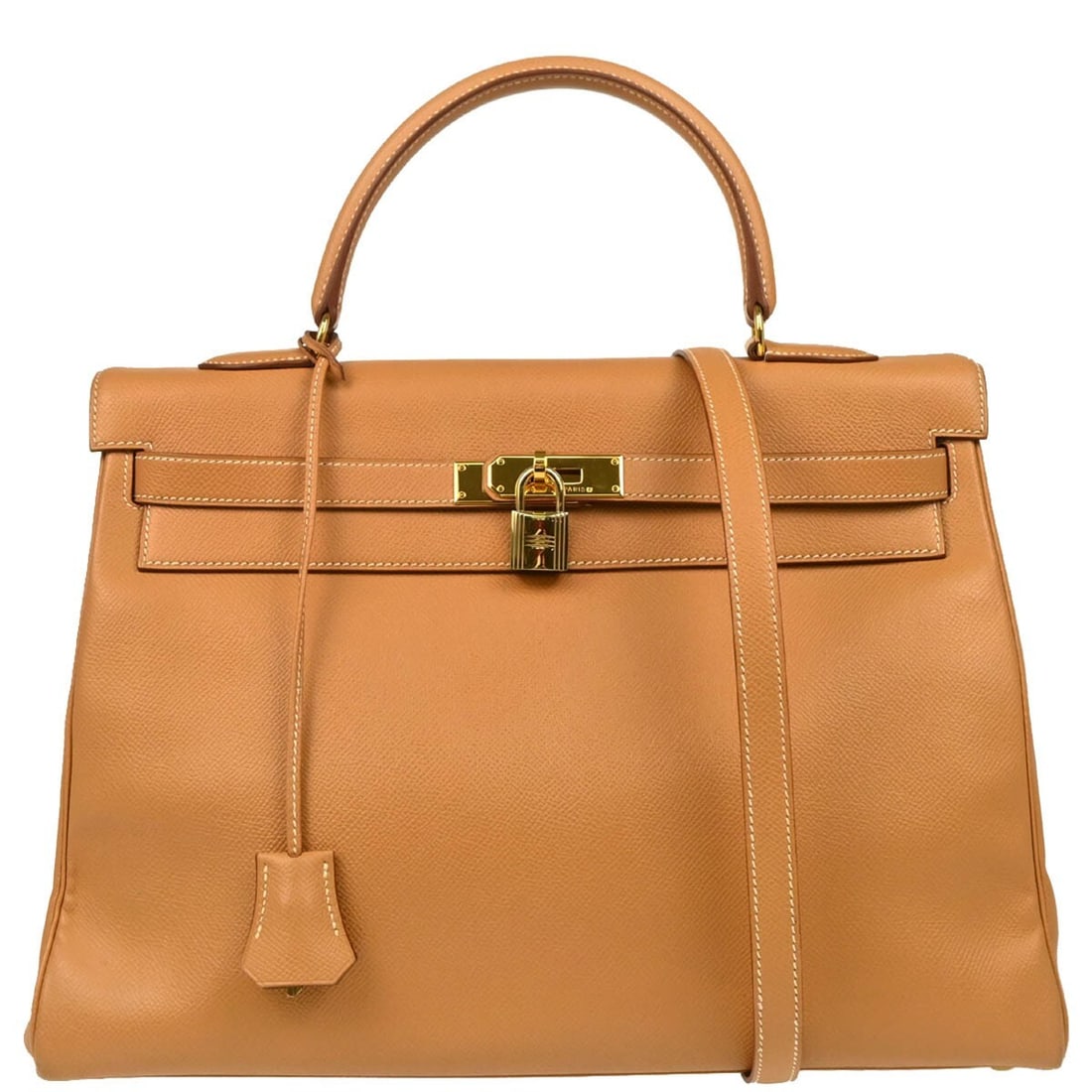 Kelly camel Courchevel leather handbag 36cm with gold tone accents: Kelly camel Courchevel leather handbag 36cm with gold tone accents This Hermes Kelly handbag is crafted from camel-colored leather and features gold hardware. Designed for women, it offers a classic,