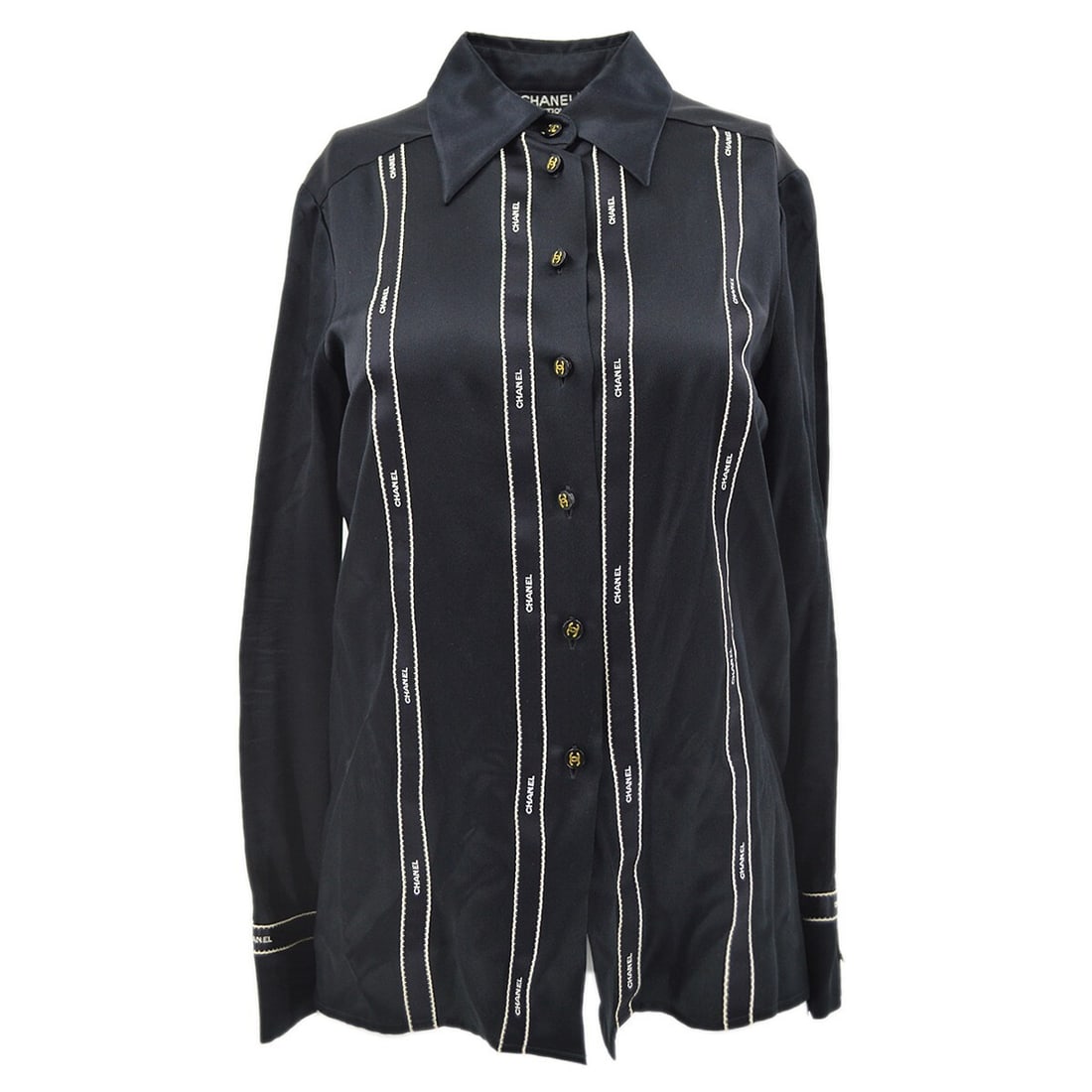 Vintage Chanel Black Silk Blouse Shirt 94A Size 34: Vintage Chanel Black Silk Blouse Shirt 94A Size 34 Elevate your wardrobe with this vintage Chanel black blouse, perfect for casual occasions. Made from luxurious 100% silk, this blouse features long s