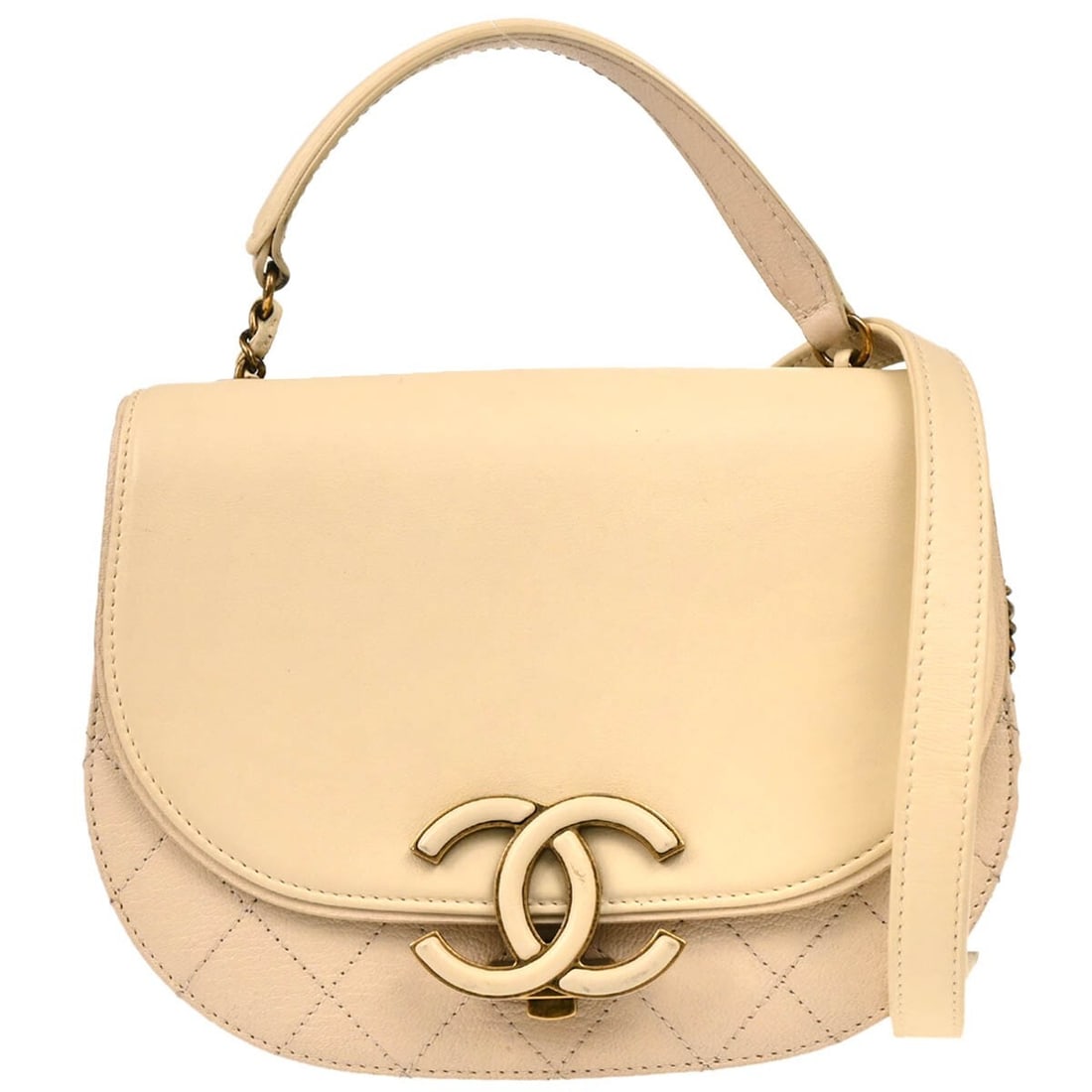 Chanel Coco Curve Messenger Bag in Calfskin and Quilted Goatskin: Chanel Coco Curve Messenger Bag in Calfskin and Quilted Goatskin Chanel Coco Curve Flap Messenger bag crafted from beige calfskin and quilted goatskin leather. Designed for women, this compact bag fea