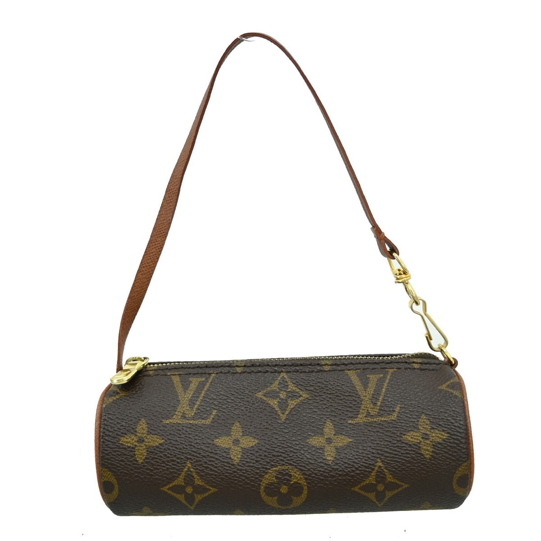 Louis Vuitton Monogram Canvas Papillon Pochette Brown 15cm Bag: Louis Vuitton Monogram Canvas Papillon Pochette Brown 15cm Bag Louis Vuitton Papillon Pochette in brown monogram canvas designed for women, featuring a cylindrical shape. The bag shows signs of use in