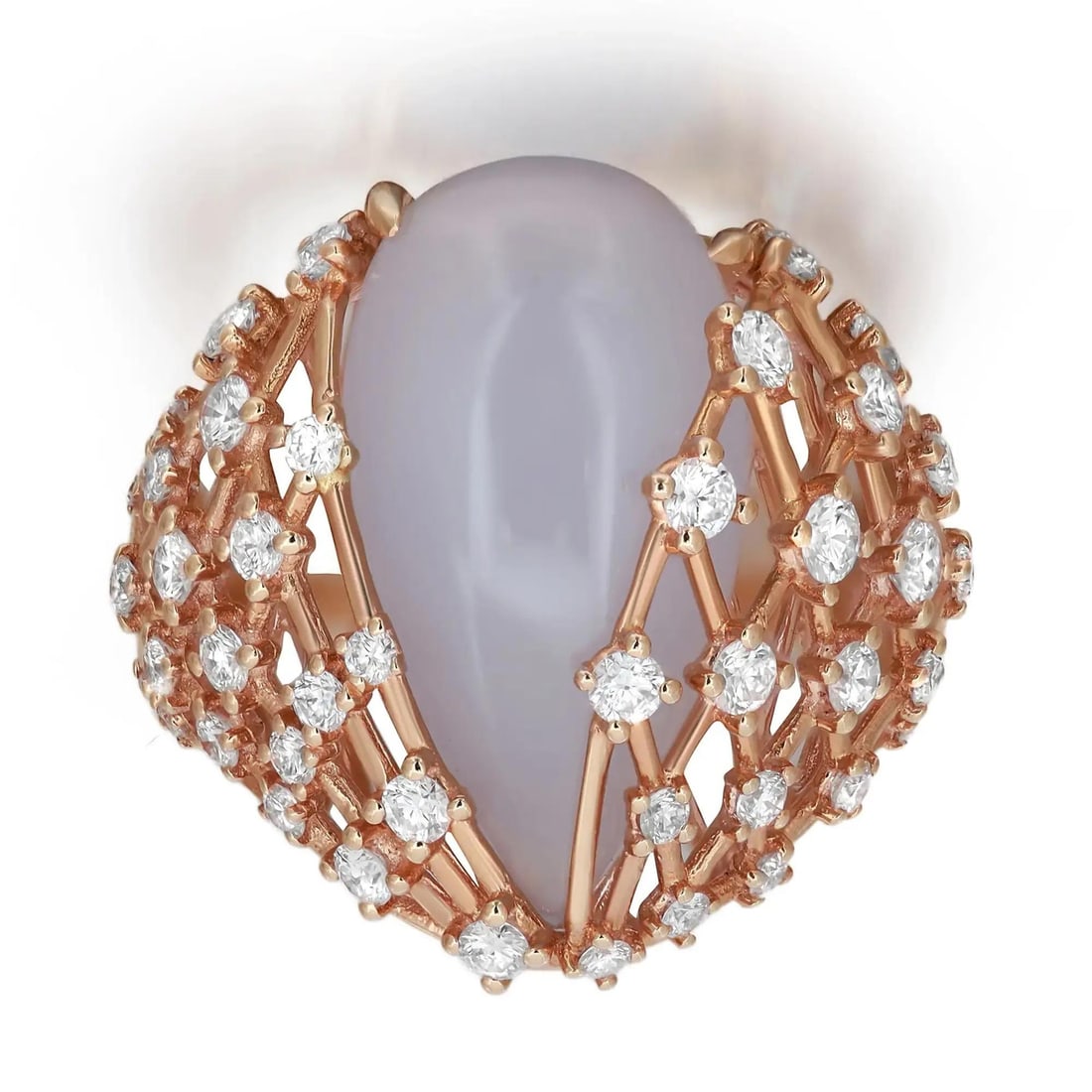 Luca Carati 18K Yellow Gold Chalcedony Diamond Ring 1.25Cttw Cocktail Size 7.5: Luca Carati 18K Yellow Gold Chalcedony Diamond Ring 1.25Cttw Cocktail Size 7.5 This exquisite cocktail ring from Luca Carati showcases a stunning natural pear-shaped Chalcedony gemstone, set in luxuri