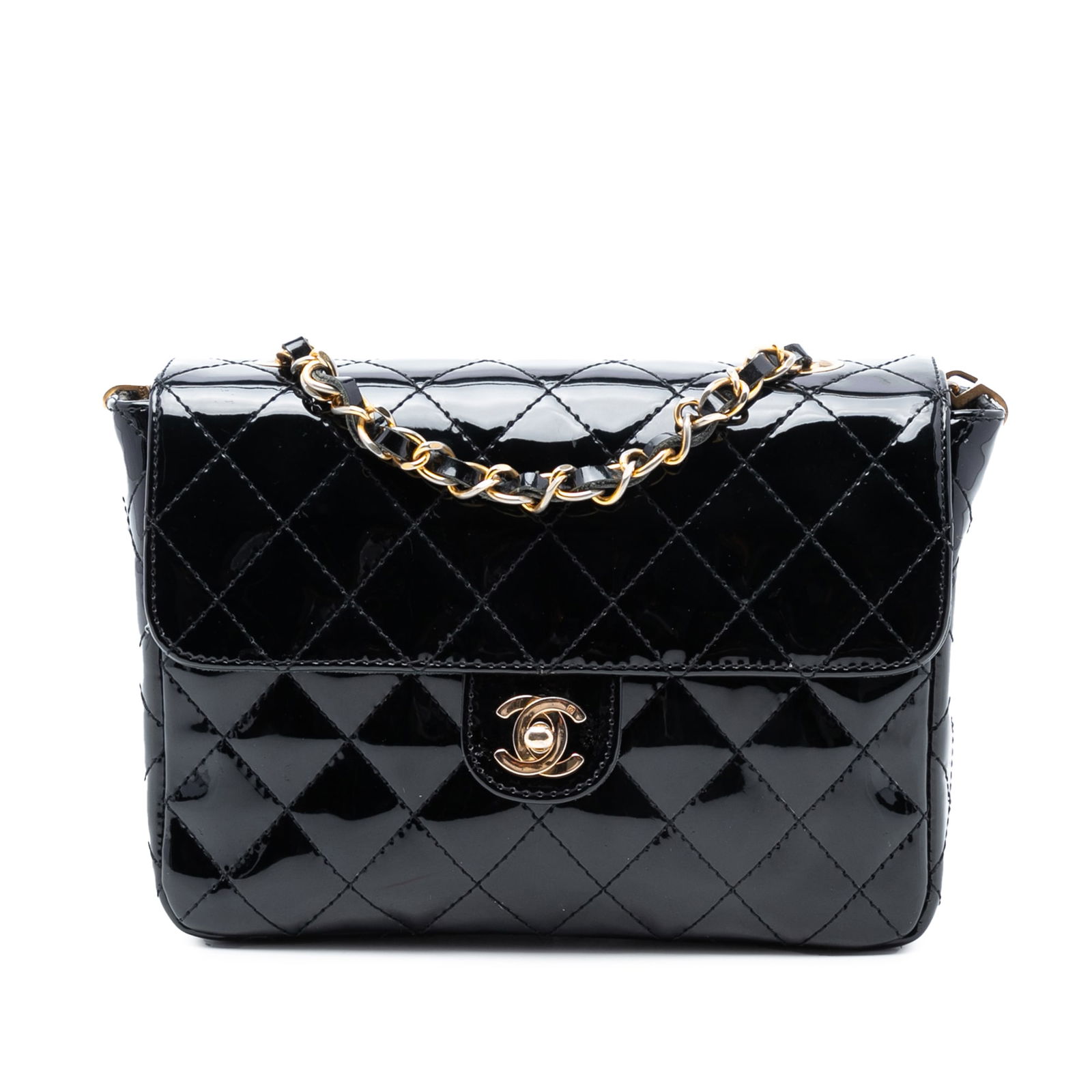 Chanel Quilted Black Patent Leather Crossbody Single Flap Bag: Chanel Quilted Black Patent Leather Crossbody Single Flap Bag This Chanel CC Quilted Patent Straight Single Flap crossbody bag features a quilted patent leather exterior in black, complemented by a