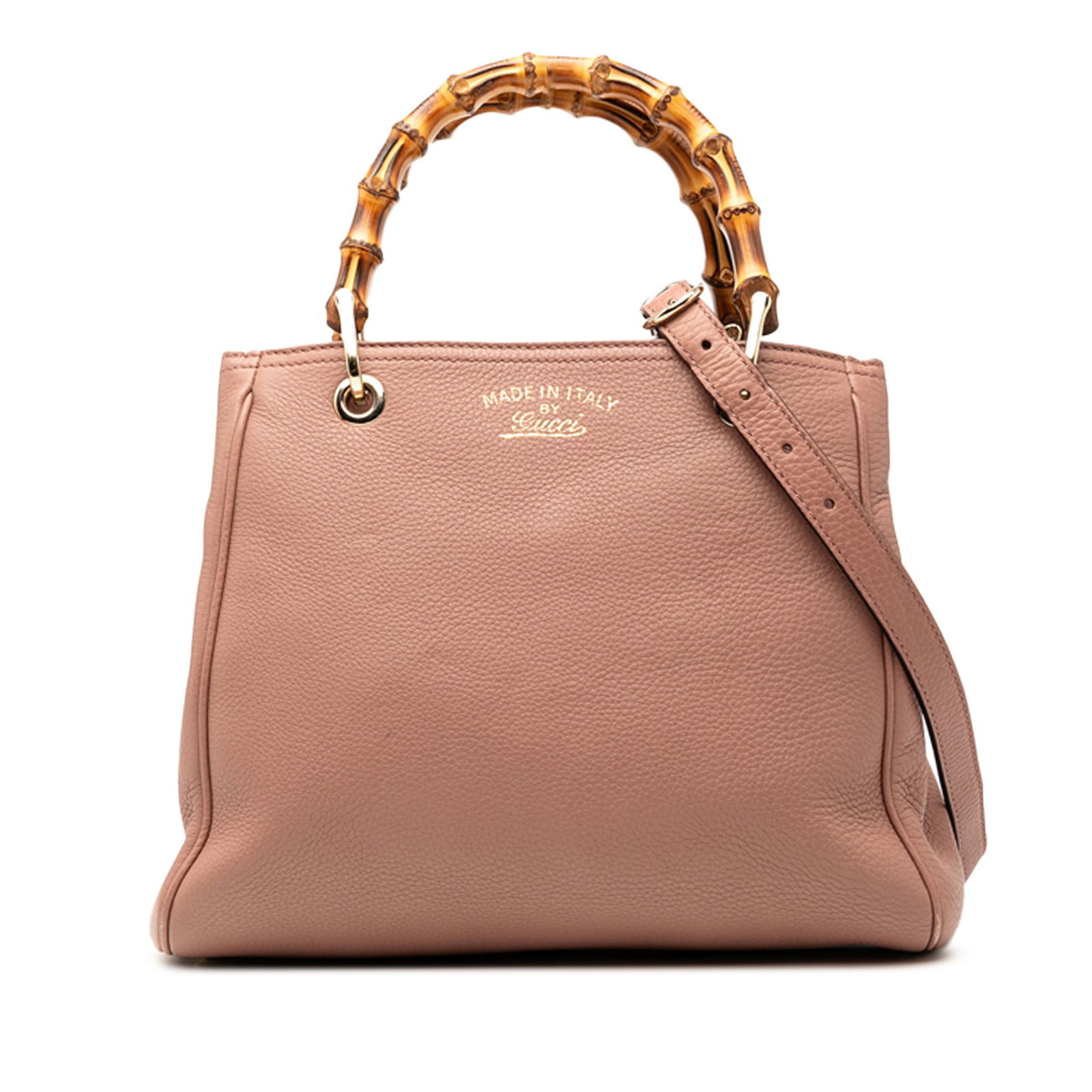 Gucci Small Pink Calfskin Bamboo Shopper Satchel with Bamboo Handles: Gucci Small Pink Calfskin Bamboo Shopper Satchel with Bamboo Handles The Gucci Small Calfskin Bamboo Shopper Satchel is a stylish and elegant bag crafted from premium leather. It features distinctive