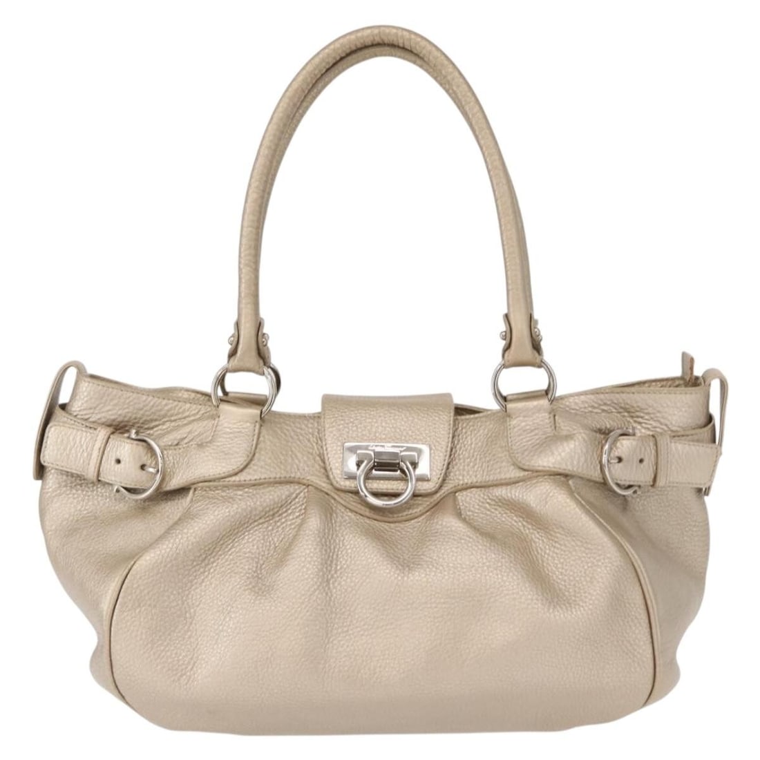 Salvatore Ferragamo Gancini Leather Gold Handbag 28cm x 20cm x 20cm: Salvatore Ferragamo Gancini Leather Gold Handbag 28cm x 20cm x 20cm This Salvatore Ferragamo Gancini handbag is crafted from leather in a gold color, designed for female use. It features metal