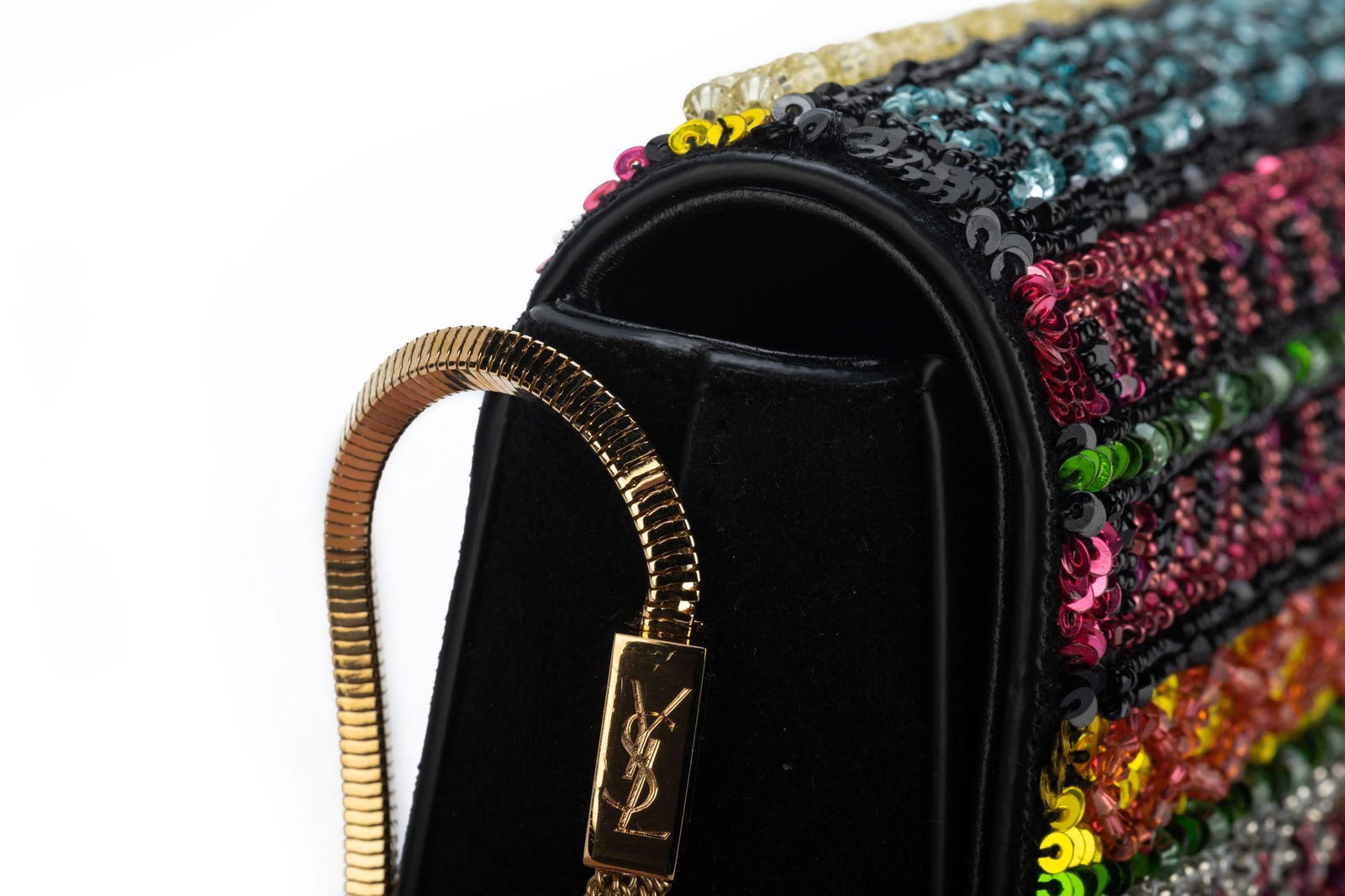 Yves Saint Laurent Black Suede Crossbody with Seabeads and Gold Chain - 12