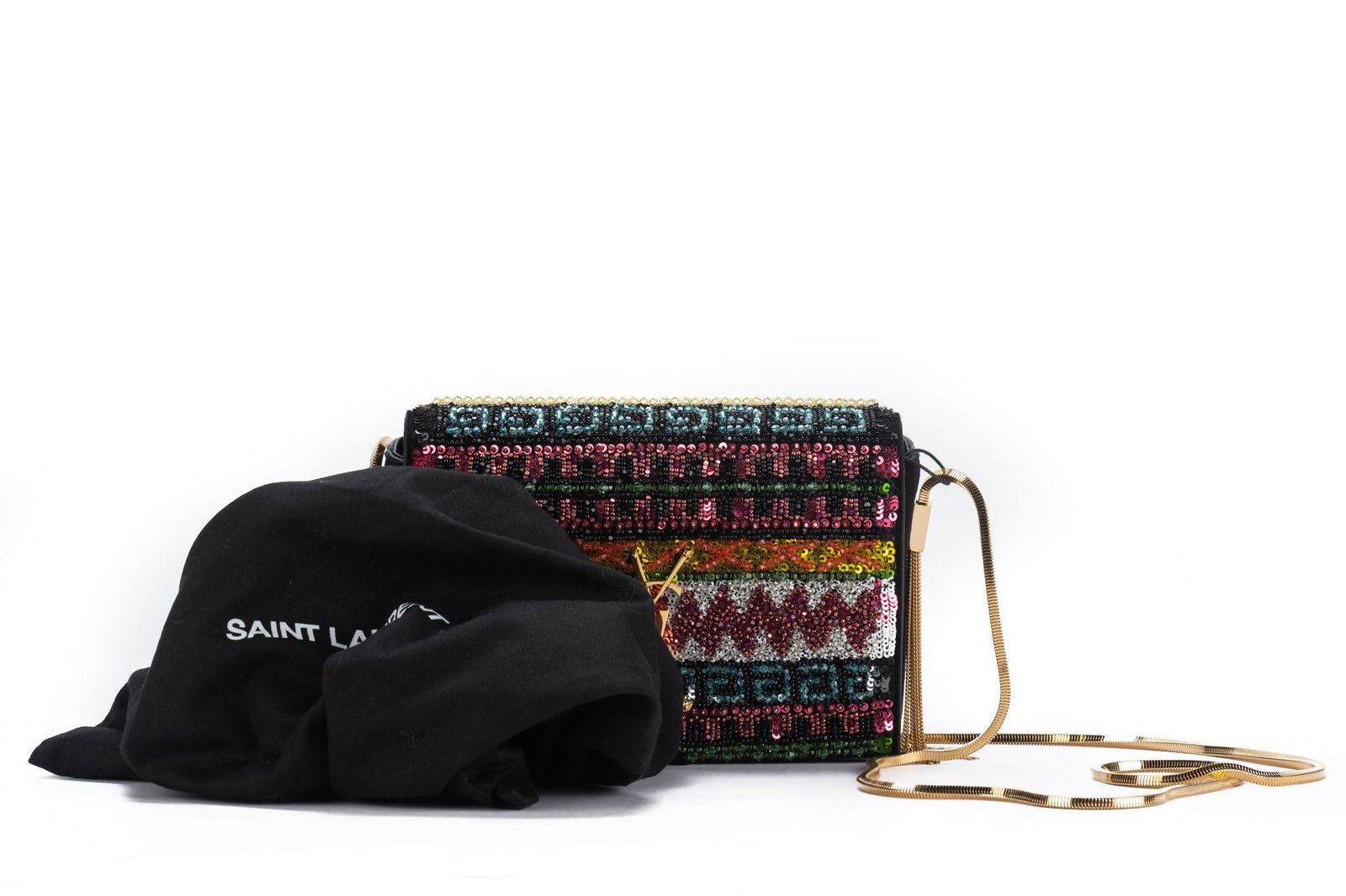 Yves Saint Laurent Black Suede Crossbody with Seabeads and Gold Chain - 17