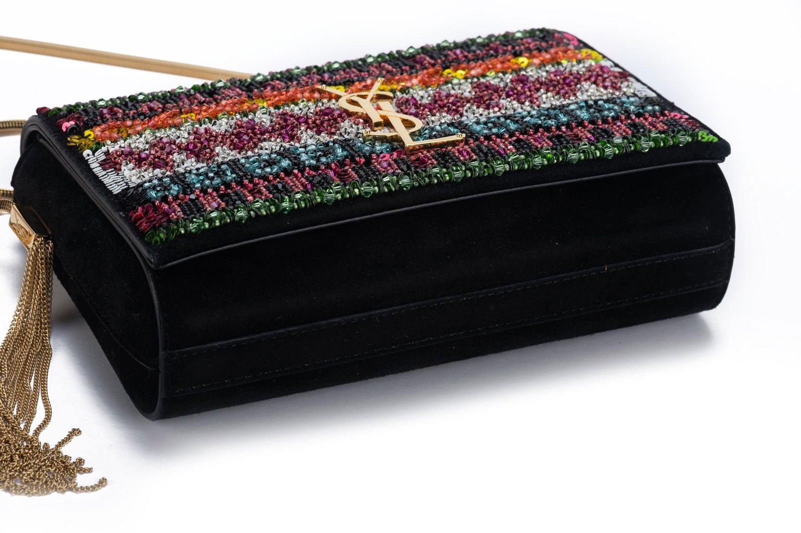 Yves Saint Laurent Black Suede Crossbody with Seabeads and Gold Chain - 5