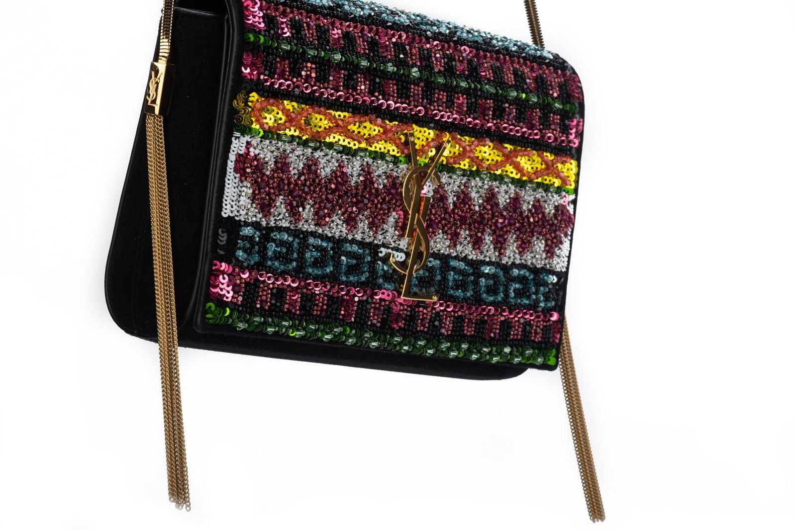 Yves Saint Laurent Black Suede Crossbody with Seabeads and Gold Chain - 6