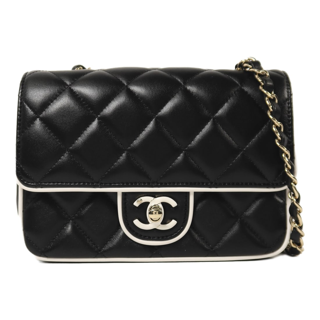 Black Lambskin Mini Flap Shoulder Bag Chanel CC Gold Hardware AS5151: Black Lambskin Mini Flap Shoulder Bag Chanel CC Gold Hardware AS5151 This is a CHANEL mini flap shoulder bag crafted from luxurious black lambskin leather. The bag features the signature CC design and