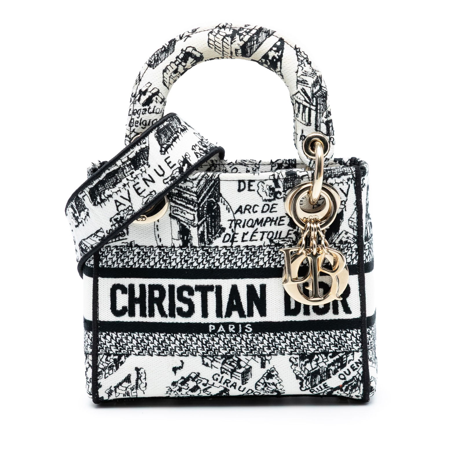 Mini Lady D Lite Bag Plan de Paris Embroidered Canvas by Dior: Mini Lady D Lite Bag Plan de Paris Embroidered Canvas by Dior This Dior Mini Embroidered Canvas Plan de Paris Lady D Lite bag features a white embroidered canvas body with structured handles and a det