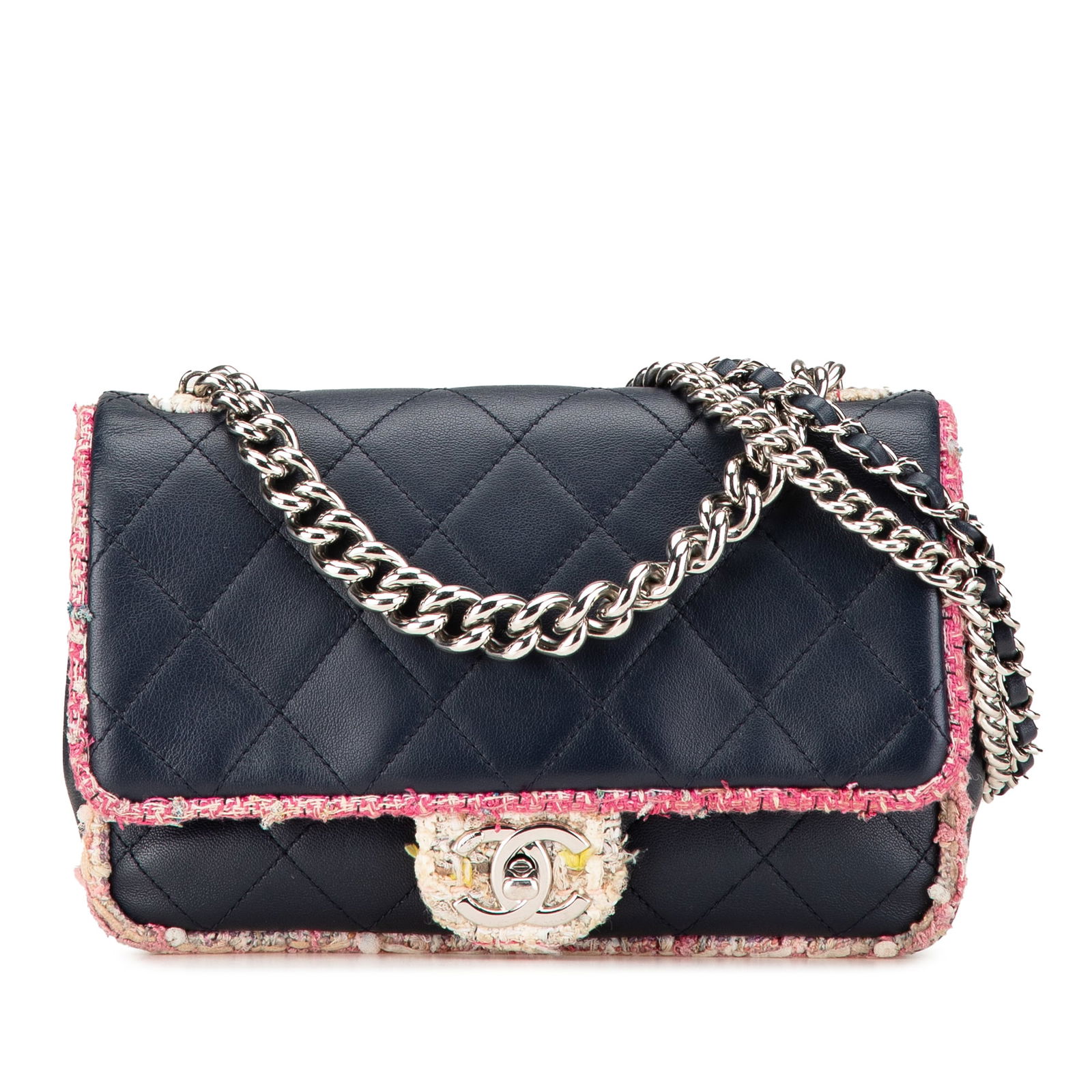 Chanel Blue Quilted Lambskin Tweed Elegant Trim Flap Bag: Chanel Blue Quilted Lambskin Tweed Elegant Trim Flap Bag This Chanel satchel showcases a luxurious quilted lambskin leather body elegantly complemented by tweed trim. It features a sophisticated chain