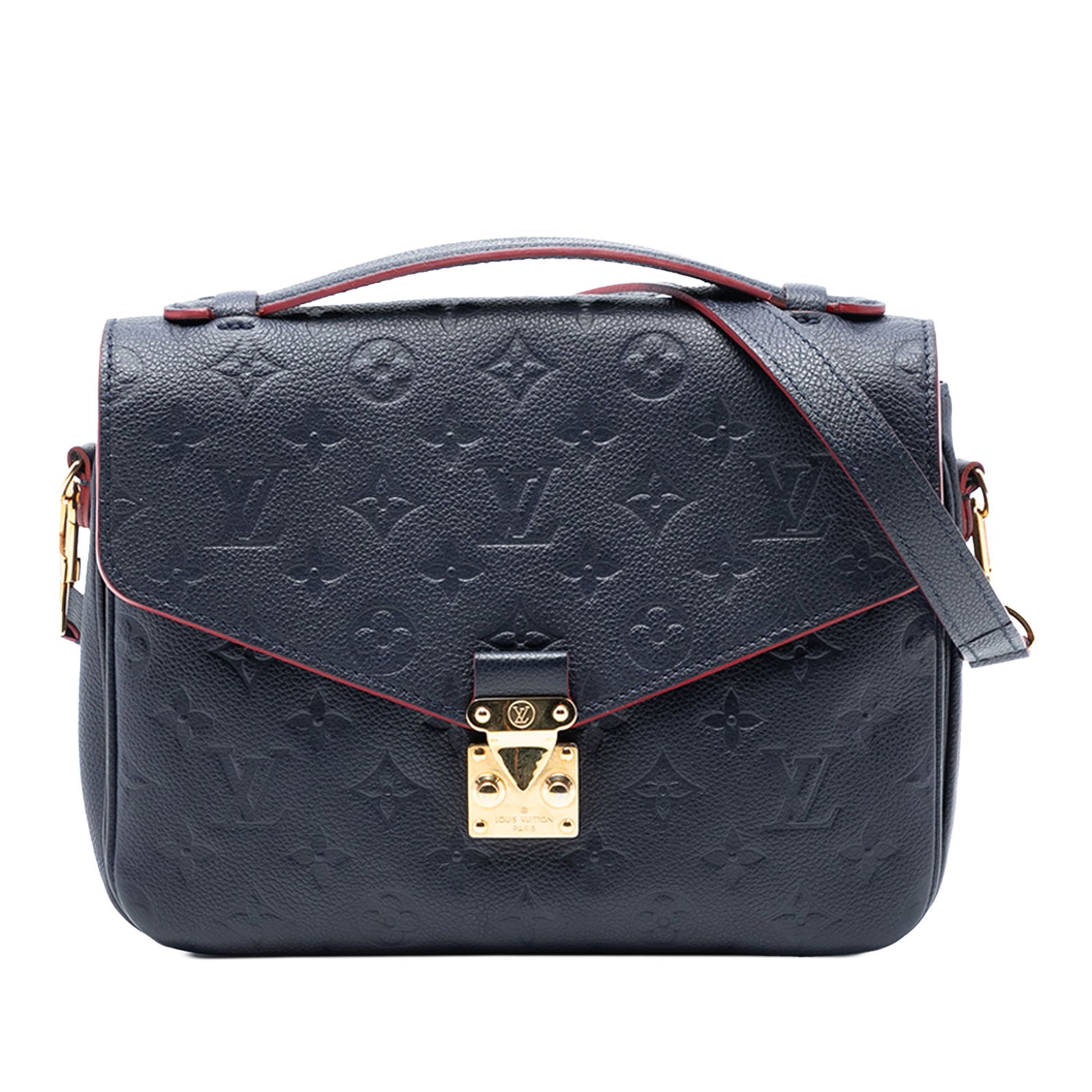 Louis Vuitton Blue Monogram Empreinte Leather Pochette Metis Bag: Louis Vuitton Blue Monogram Empreinte Leather Pochette Metis Bag This Louis Vuitton Monogram Empreinte Pochette Metis features a blue monogram-embossed leather body, a flat leather top handle, and a d