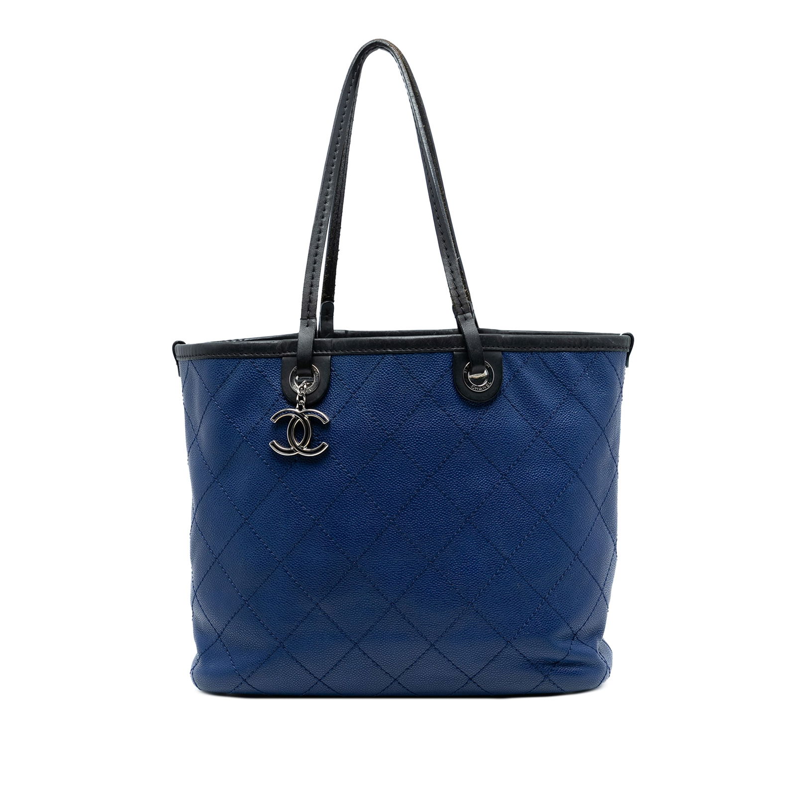 Blue Chanel Caviar Leather Shopping Fever Tote Bag with Quilted Design: Blue Chanel Caviar Leather Shopping Fever Tote Bag with Quilted Design This Chanel Quilted Caviar Shopping Fever Tote is crafted from durable caviar leather in blue and features a quilted exterior, fl