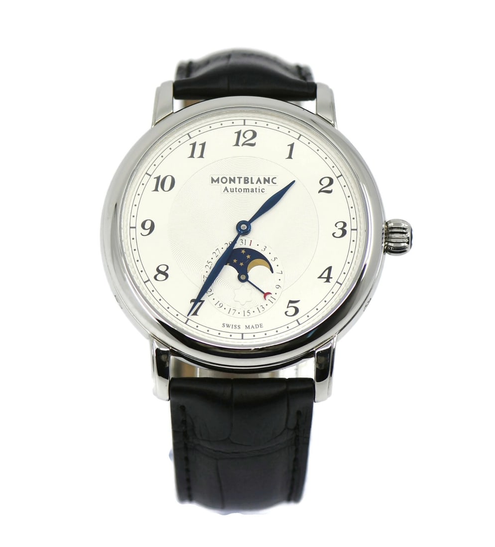 Montblanc Star Legacy Moon Automatic Watch 42mm Ref 116508 with Box and Papers: Montblanc Star Legacy Moon Automatic Watch 42mm Ref 116508 with Box and Papers This Montblanc Star Legacy Moon wristwatch features a classic design with a stainless steel case measuring 42mm. Equipped