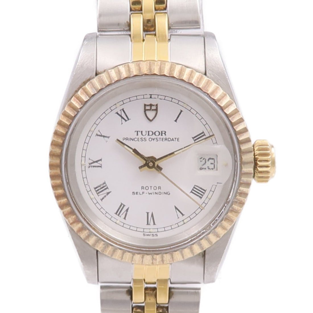 Automatic Princess Oysterdate Wristwatch in 18K Yellow Gold and Steel by Tudor: Automatic Princess Oysterdate Wristwatch in 18K Yellow Gold and Steel by Tudor This TUDOR Princess Oysterdate 92413 is an automatic wristwatch crafted with 18K yellow gold and stainless steel. Featuri