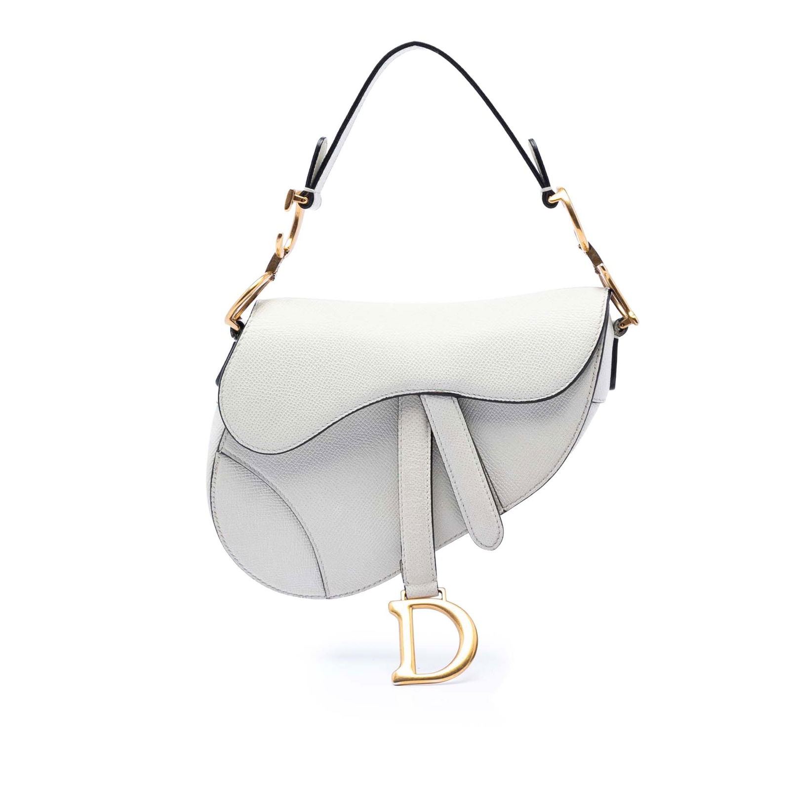 White Dior Saddle Mini Bag in Grained Calfskin Leather: White Dior Saddle Mini Bag in Grained Calfskin Leather This Dior Mini Grained Calfskin Saddle Bag features a leather body in white, a flat leather handle, a detachable flat strap, a front flap with ma