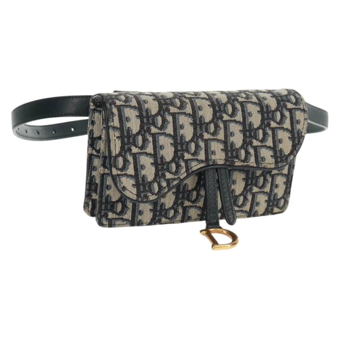 Navy Trotter Canvas Dior Saddle Waist Bag with Gold Accents and Dust Bag: Navy Trotter Canvas Dior Saddle Waist Bag with Gold Accents and Dust Bag This Christian Dior Trotter Canvas Saddle Oblique waist bag features a classic navy and gold color scheme with the iconic Trott