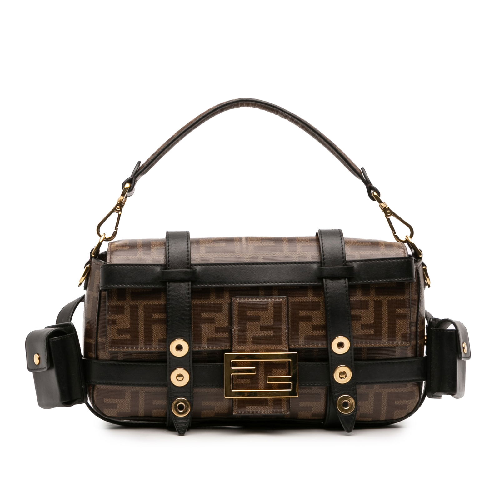Fendi Zucca Cage Baguette Brown Coated Canvas Shoulder Bag: Fendi Zucca Cage Baguette Brown Coated Canvas Shoulder Bag The Fendi Zucca Glazed Fabric Cage Baguette is a satchel crafted from coated canvas with leather trim. It features a removable flat coated ca