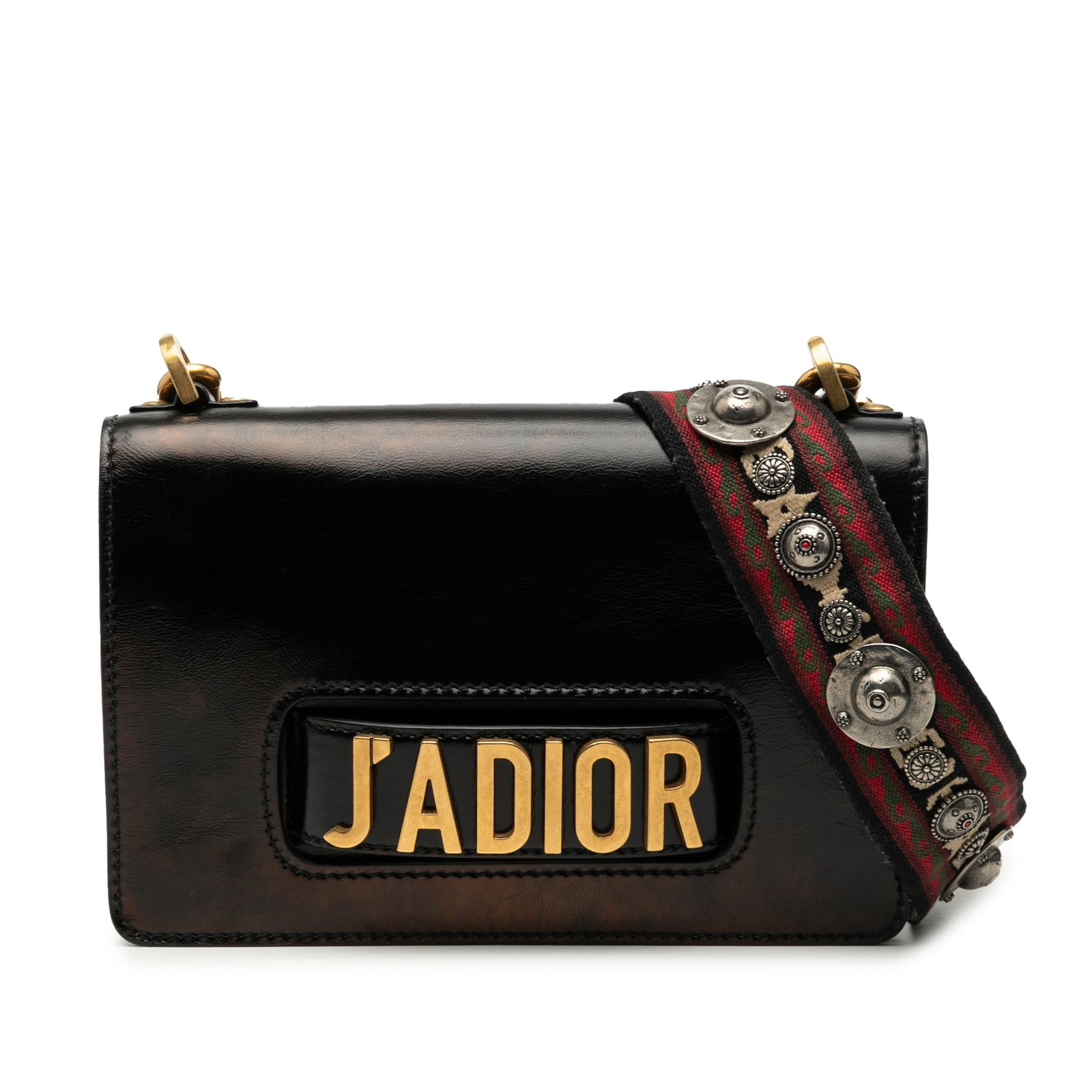 Dior J'Adior Black Leather Flap Bag with Chain and Canvas Strap: Dior J'Adior Black Leather Flap Bag with Chain and Canvas Strap This Dior J'Adior Chain Flap bag features a black leather body with a detachable canvas strap, a front flap closure, and interior slip p