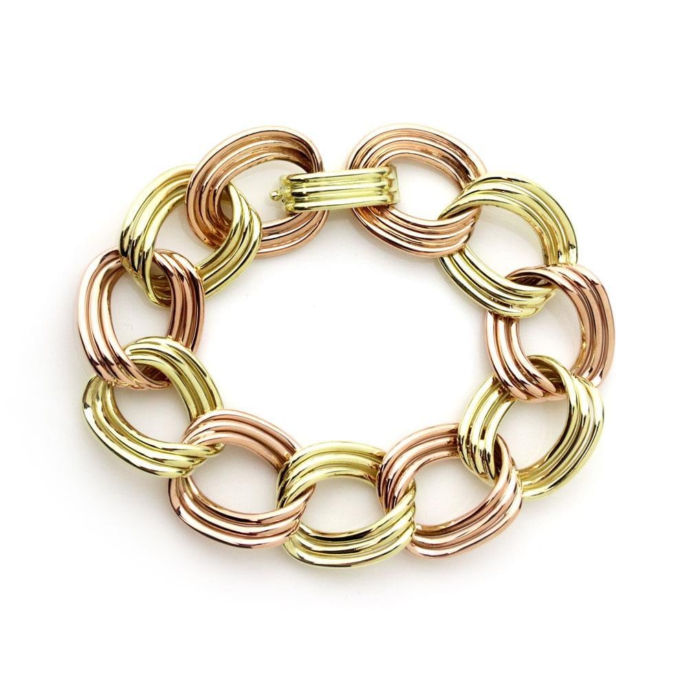 Vintage 1940s 14k Rose Yellow Gold Triple Wire Curb Link Bracelet: Vintage 1940s 14k Rose Yellow Gold Triple Wire Curb Link Bracelet This stunning vintage bracelet showcases a unique design crafted from 14k yellow and rose gold, featuring a polished finish. The brace