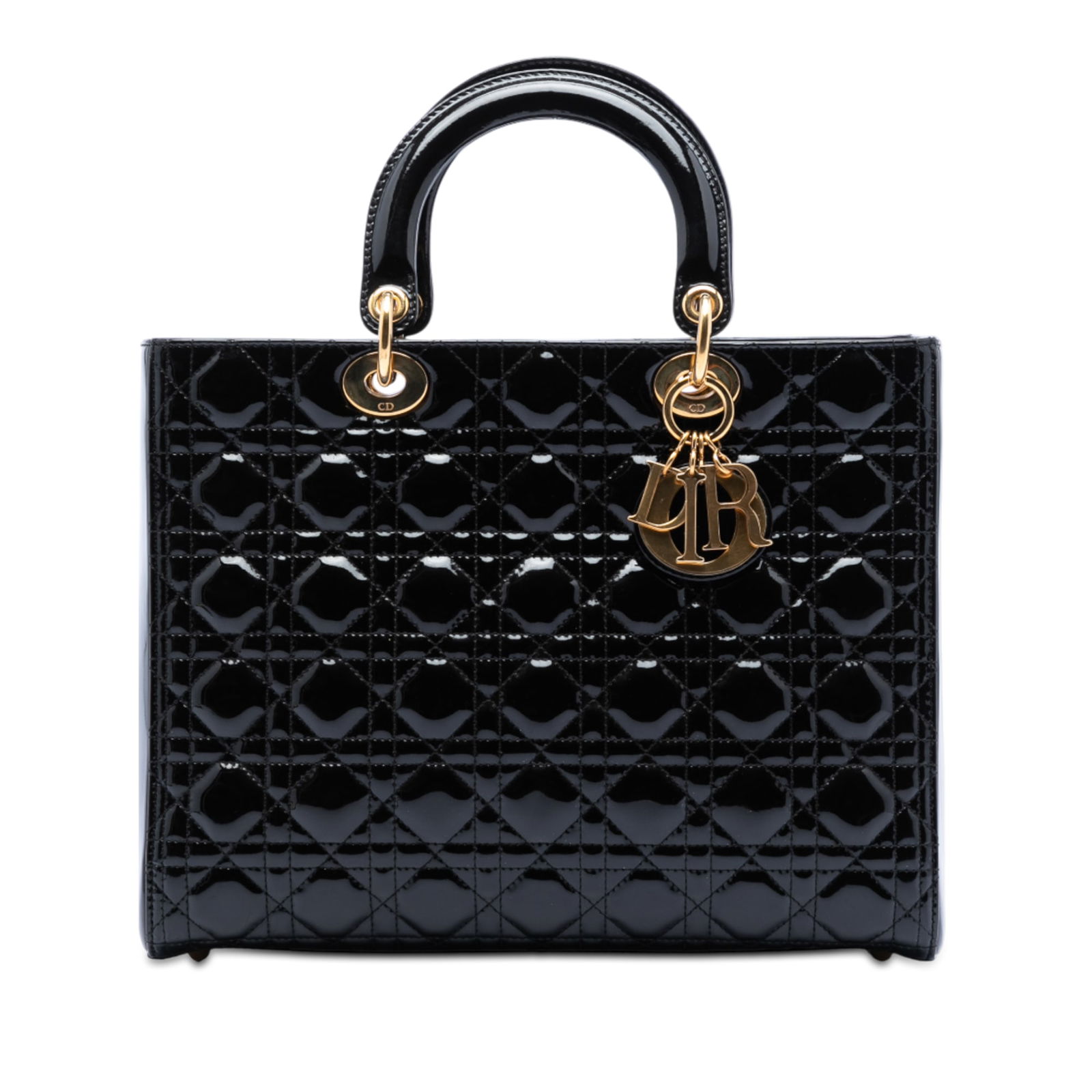 Black Patent Leather Lady Dior Large Cannage Tote with Quilted Design: Black Patent Leather Lady Dior Large Cannage Tote with Quilted Design This Lady Dior handbag features a quilted patent leather body with flat leather top handles, a top zip closure, and an interior zi