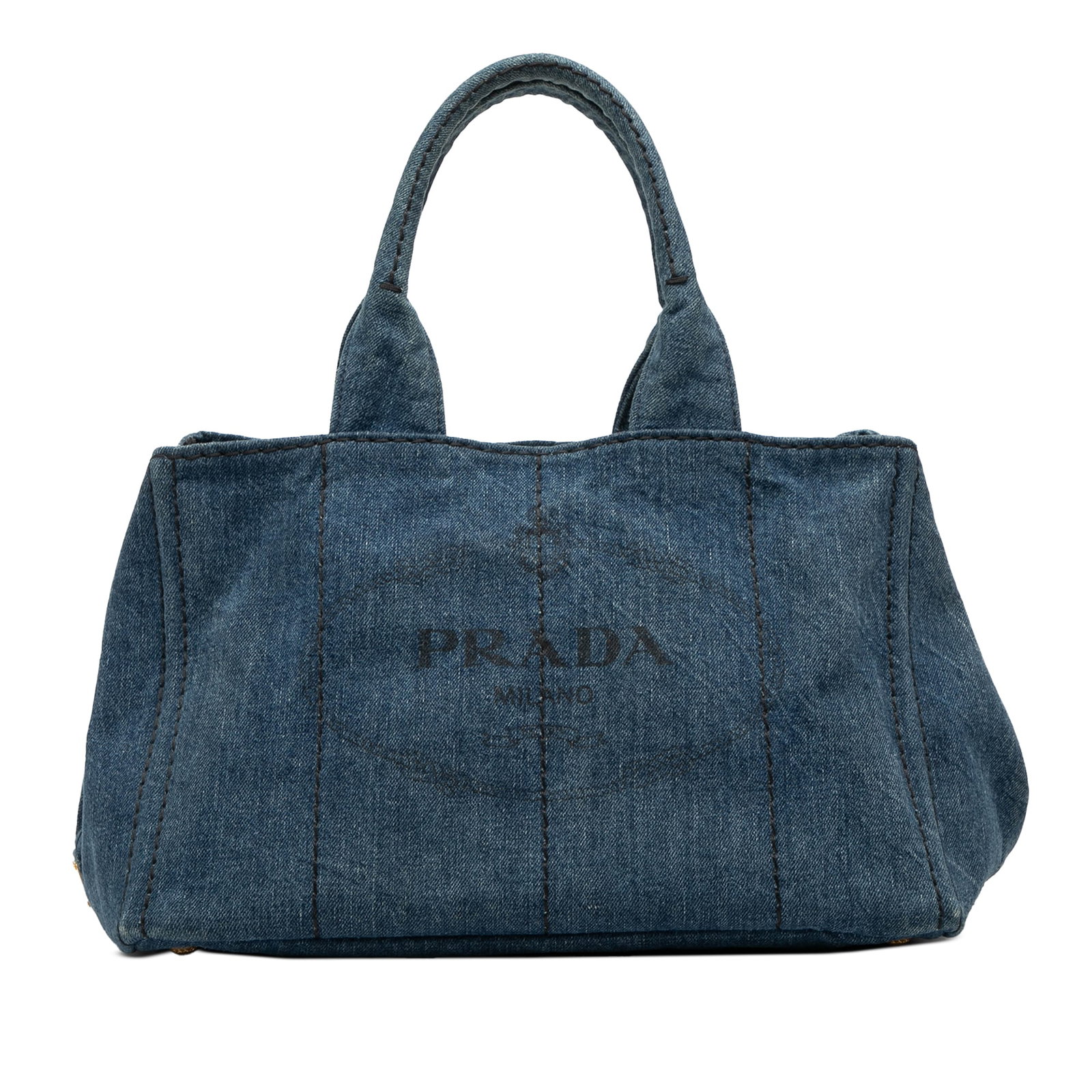 Blue Prada Canapa Denim Satchel with Logo and Interior Pockets: Blue Prada Canapa Denim Satchel with Logo and Interior Pockets This Prada Denim Canapa Logo Satchel features a blue denim fabric body with rolled handles. The satchel has an open top and is equipped w