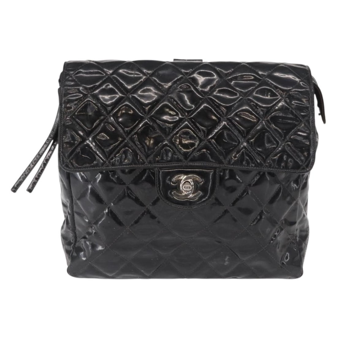 Chanel Black Patent Leather Vintage Square Flap Backpack with Enamel Detail: Chanel Black Patent Leather Vintage Square Flap Backpack with Enamel Detail This Chanel Vintage Square Flap Backpack features a black patent leather exterior with an enamel finish, designed specifical