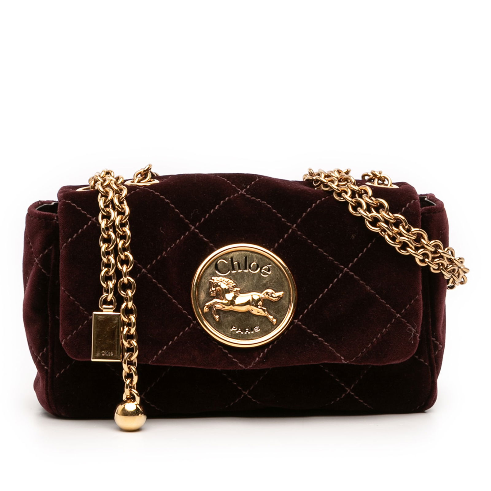 Chloe Heritage Small Red Quilted Velvet Shoulder Bag with Chain Strap: Chloe Heritage Small Red Quilted Velvet Shoulder Bag with Chain Strap This Chloe Small Quilted Velvet Heritage Shoulder Bag showcases a classic quilted velvet exterior in red, complemented by chain li