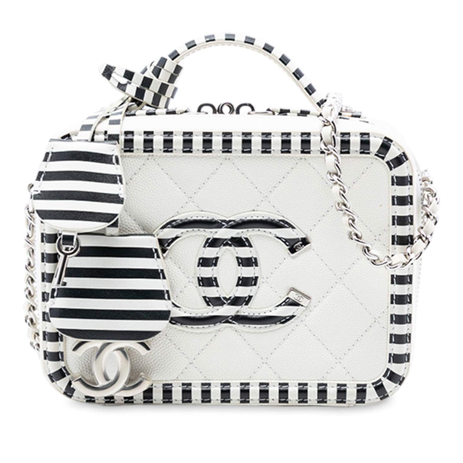 Chanel Filigree Vanity Bag Small Quilted Caviar Leather White: Chanel Filigree Vanity Bag Small Quilted Caviar Leather White This Chanel Small Caviar Striped CC Filigree Vanity Case features a quilted caviar leather exterior in white with a striped pattern, a fla