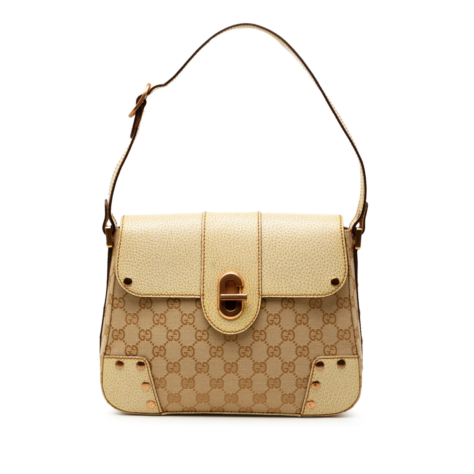 Gucci GG Canvas Turnlock Bag with Leather Trim: Gucci GG Canvas Turnlock Bag with Leather Trim This Gucci GG Canvas Turnlock Shoulder Bag showcases a stylish canvas body complemented by leather trim and panels. It features an adjustable flat strap