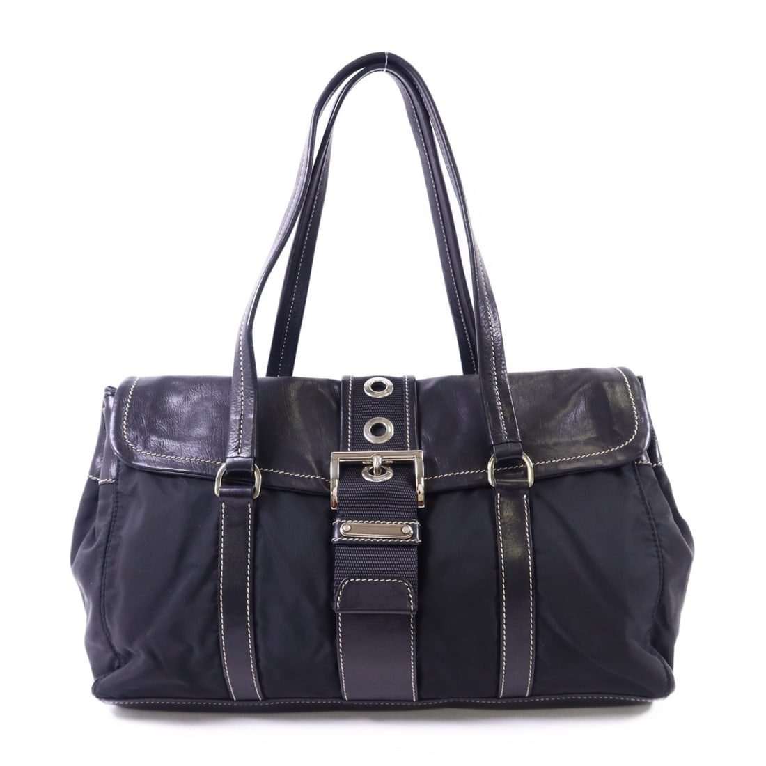 Prada BR2418 Black Nylon Shoulder Bag with Silver Tone Hardware: Prada BR2418 Black Nylon Shoulder Bag with Silver Tone Hardware This PRADA shoulder bag features a sleek black nylon exterior, offering a stylish and versatile accessory for daily use. Crafted in Ital