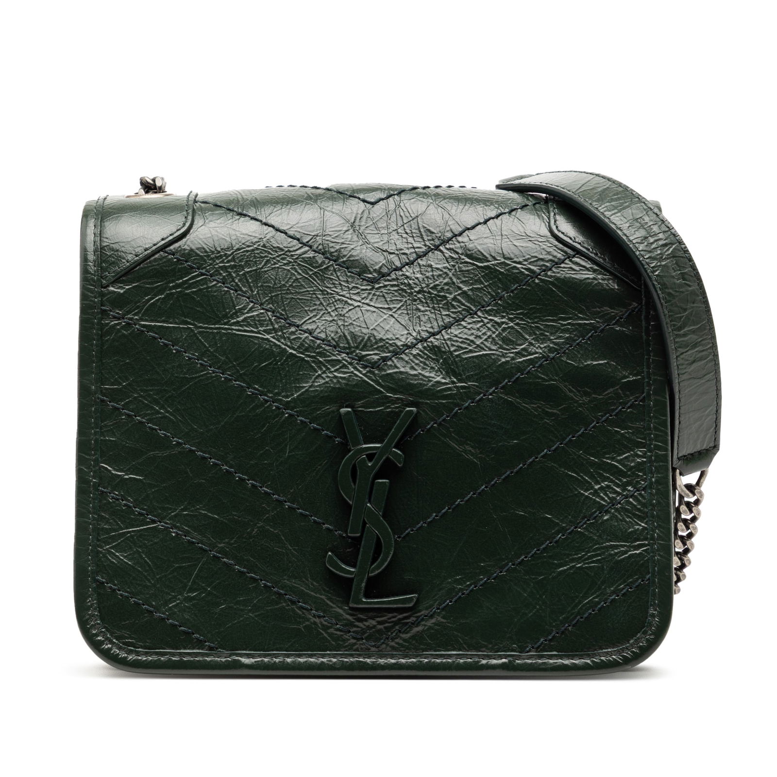 YSL Niki Green Leather Wallet on Chain with Crinkled Finish: YSL Niki Green Leather Wallet on Chain with Crinkled Finish This Saint Laurent Niki Wallet on Chain is crafted from crinkled calfskin leather in green. It features a chain-link strap with a leather sh