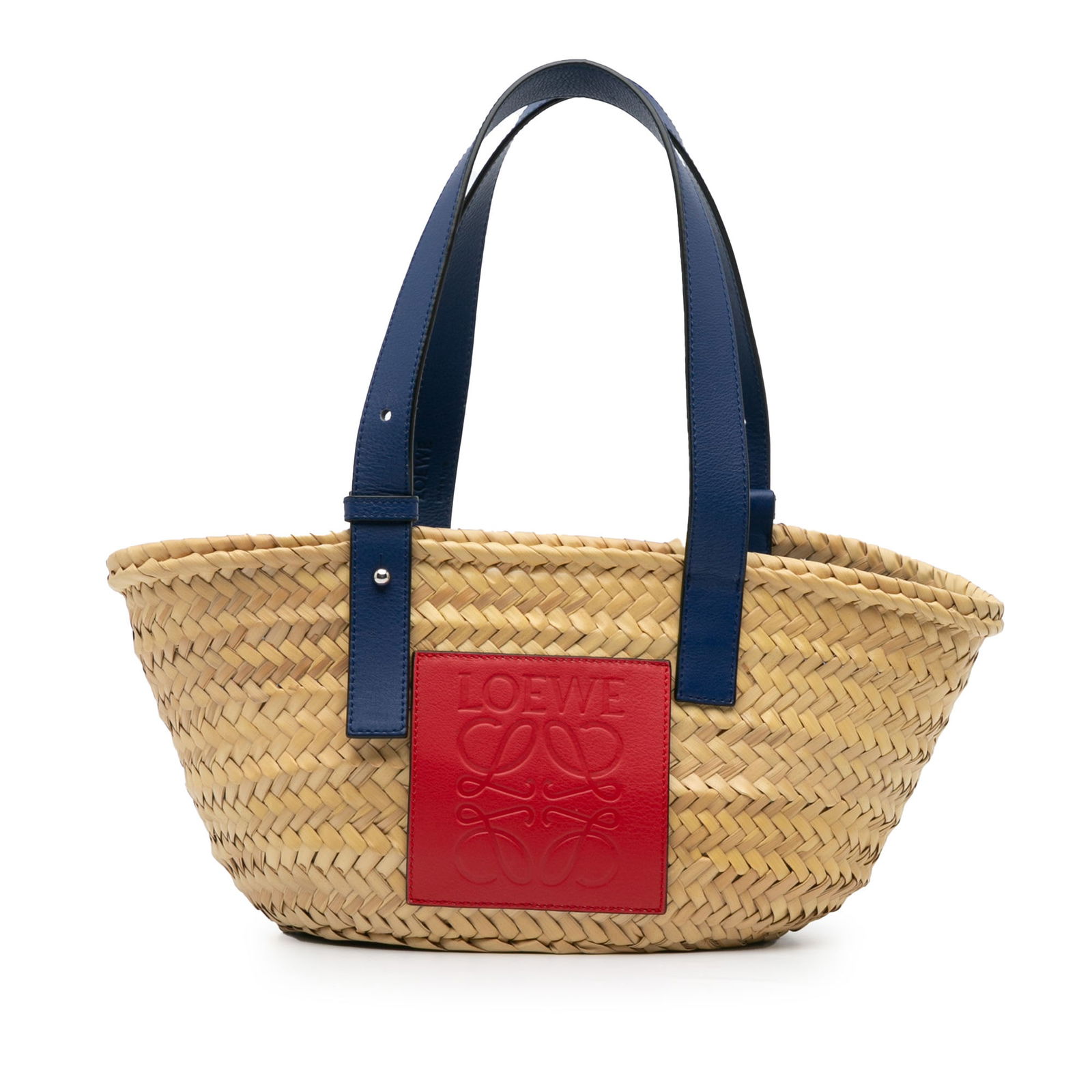 LOEWE Small Raffia Basket Tote Brown Natural Material Bag: LOEWE Small Raffia Basket Tote Brown Natural Material Bag The LOEWE Small Raffia Basket Tote is a stylish and practical bag, perfect for everyday use. Crafted from natural raffia, it features flat lea