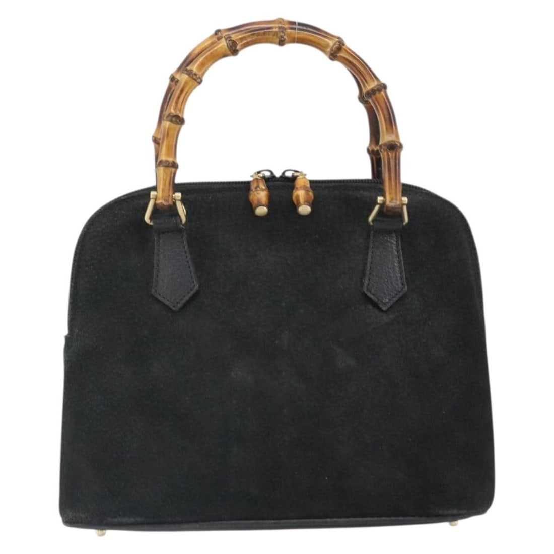 Black Suede Gucci Bamboo Vintage Top Handle Bag Italy: Black Suede Gucci Bamboo Vintage Top Handle Bag Italy This Gucci Vintage Bamboo Top Handle Bag features black suede material and a signature bamboo handle, designed for women. The bag shows signs of u