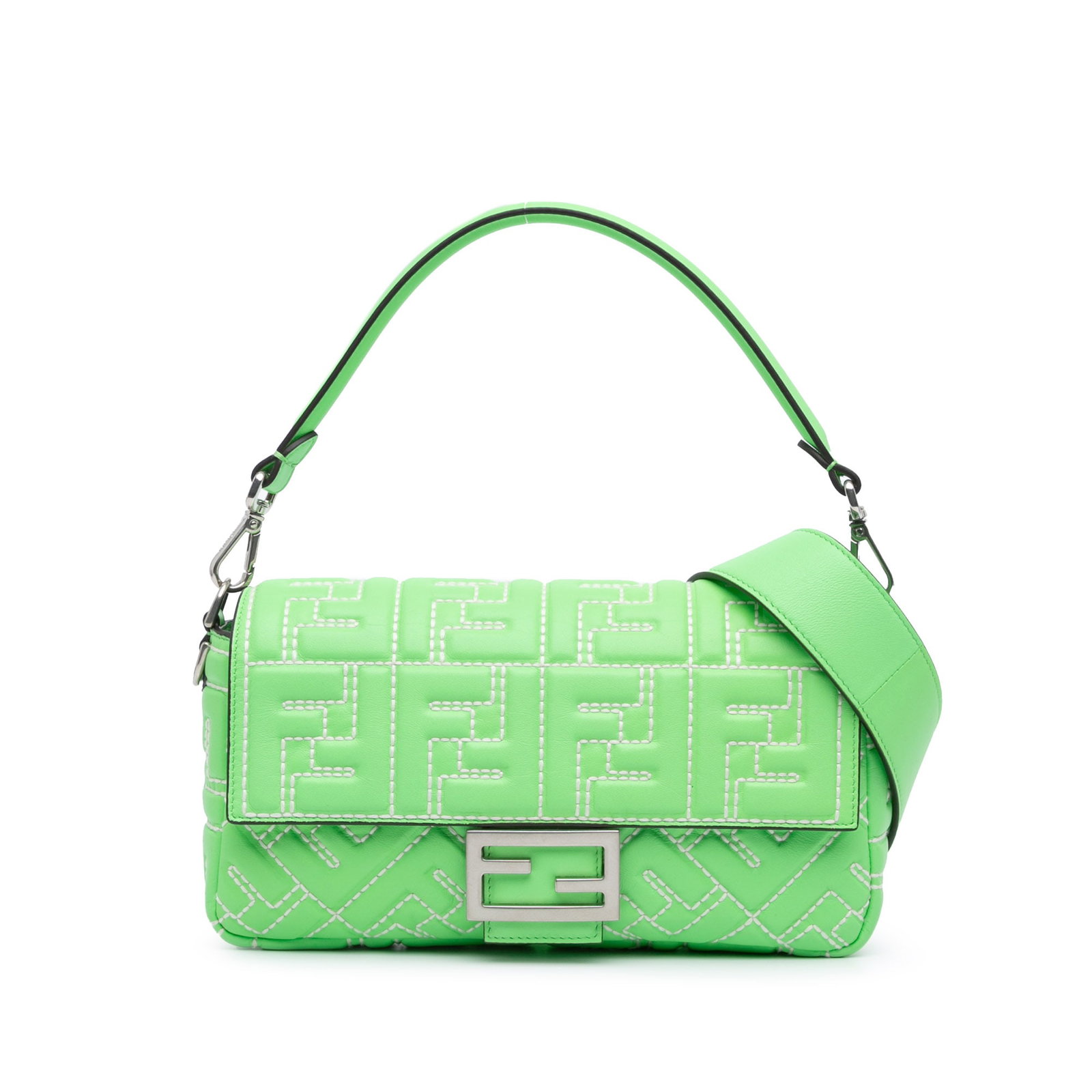 Fendi Zucca Green Leather Baguette Satchel with Detachable Strap: Fendi Zucca Green Leather Baguette Satchel with Detachable Strap The Fendi Zucca Embossed Stitched Leather Baguette Satchel is a stylish accessory featuring a rich green embossed leather body. It is d