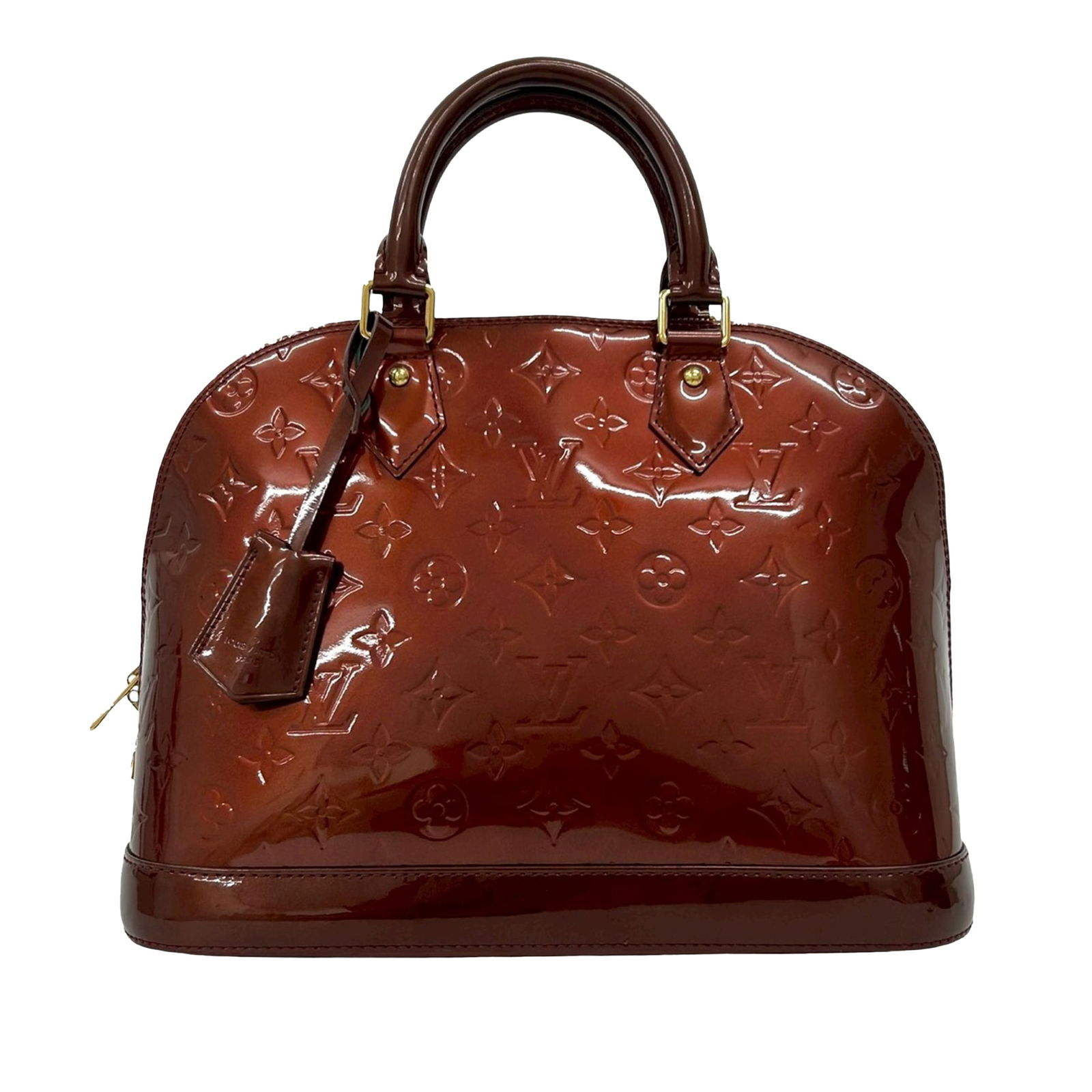 Red Vernis Leather Alma PM Handbag by Louis Vuitton with Monogram Pattern: Red Vernis Leather Alma PM Handbag by Louis Vuitton with Monogram Pattern This Louis Vuitton Monogram Vernis Alma PM features a glossy monogram vernis leather body in red, complemented by rolled leath